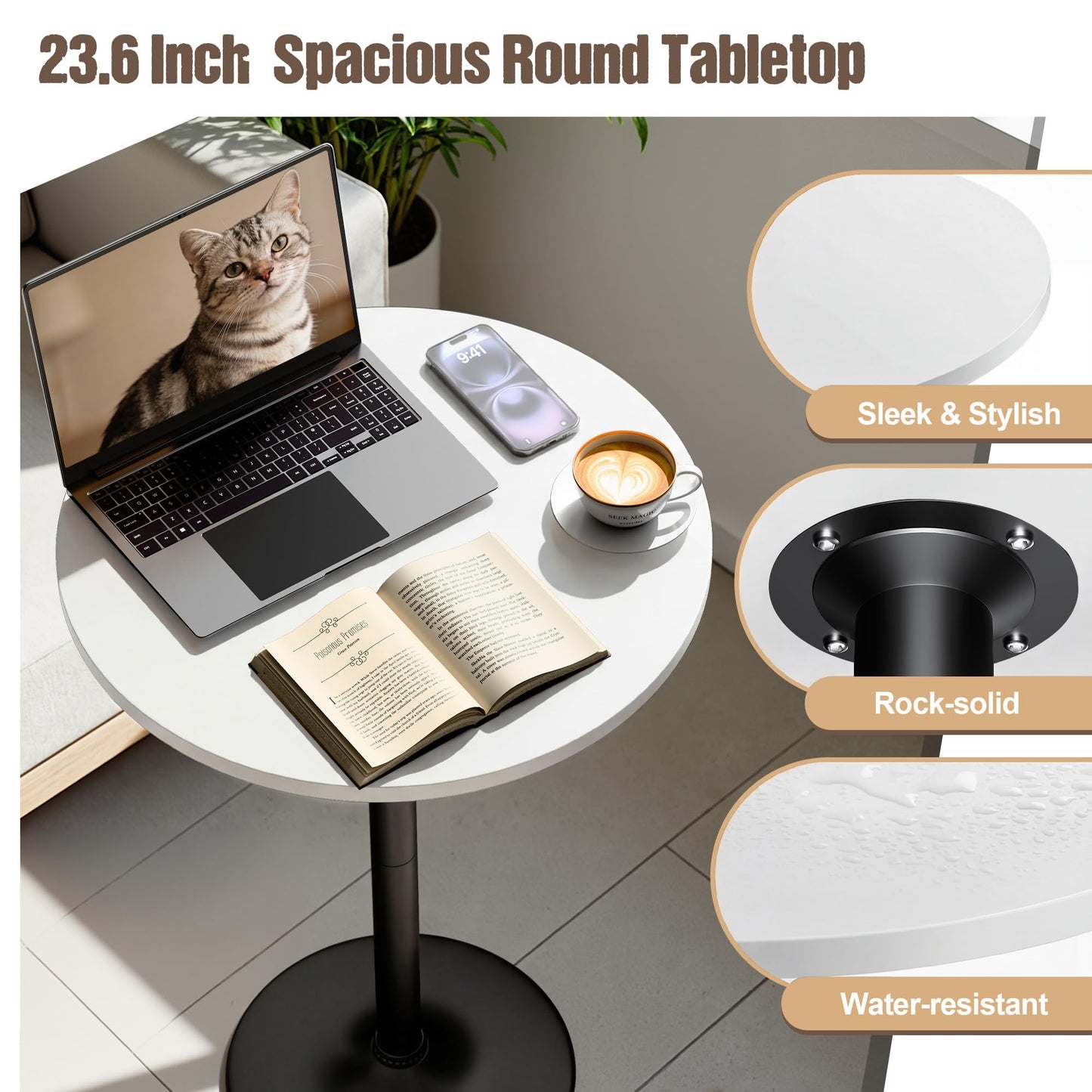 Furmax Bistro Pub Table Round Bar Height Cocktail Table for Home Bar, Small Round Bar Tables for Party, Dining Room, Living Room and Wedding, Metal Base MDF Top Obsidian, 40.6 Inch Height (1, White-1)