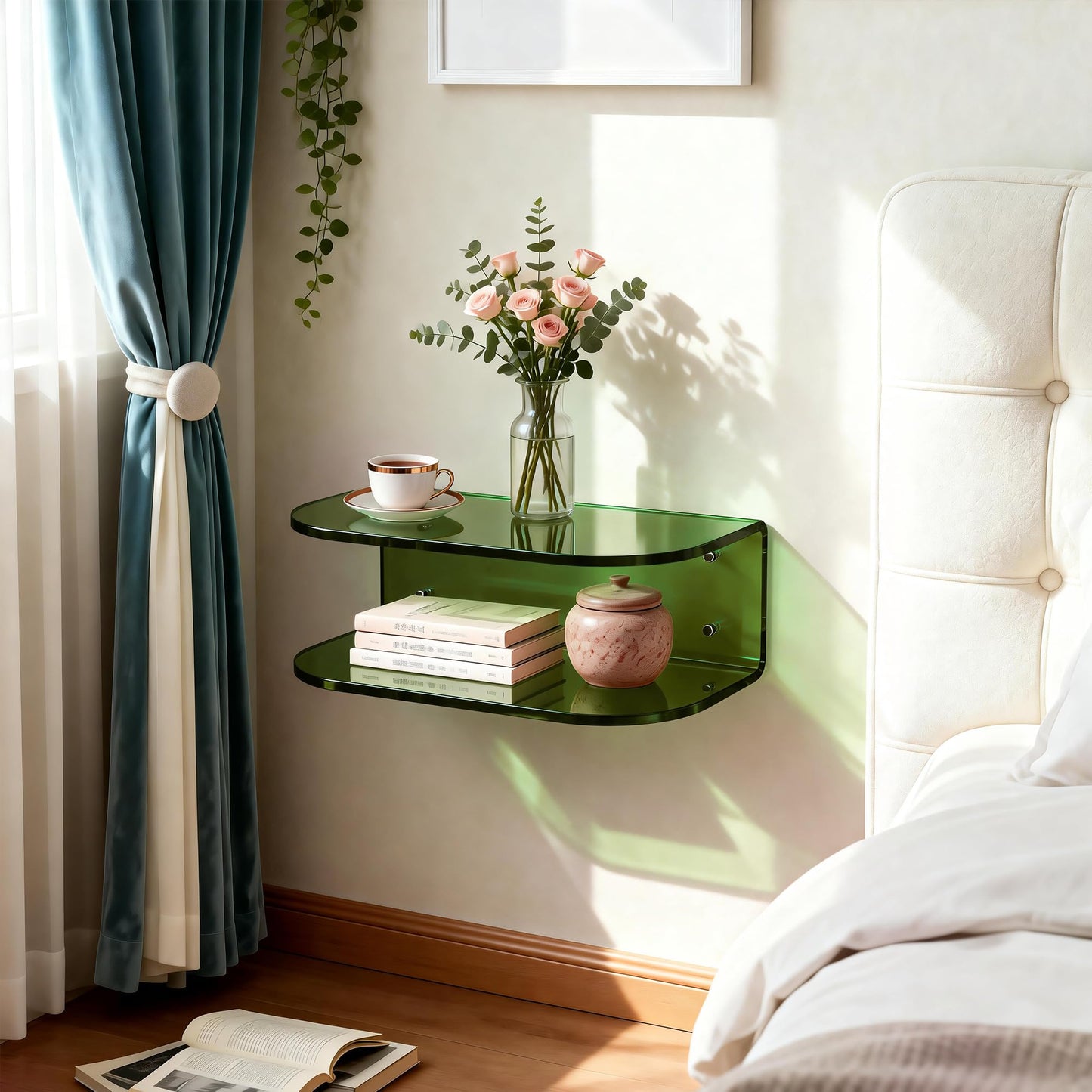 Dewrhiixe Acrylic Floating Nightstand, Wall Mounted Bedside Table Shelf (Green, 15.7”×9.4“×5.9”)