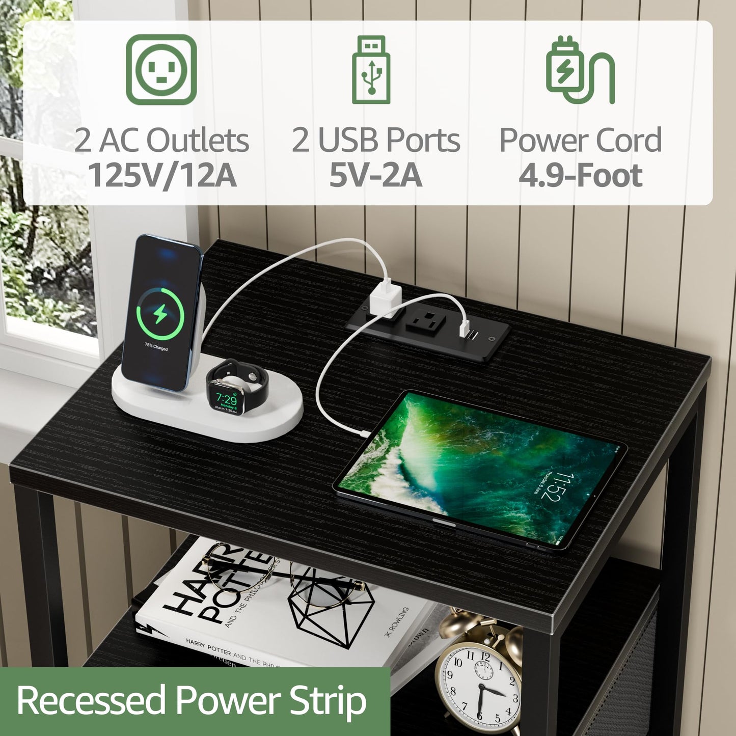 BOLUO Black Nightstand with Charging Station, LED Night Stand with 2 Fabric Drawers, Bedside Table with USB Ports and Outlets, Nightstand for Bedroom Modern