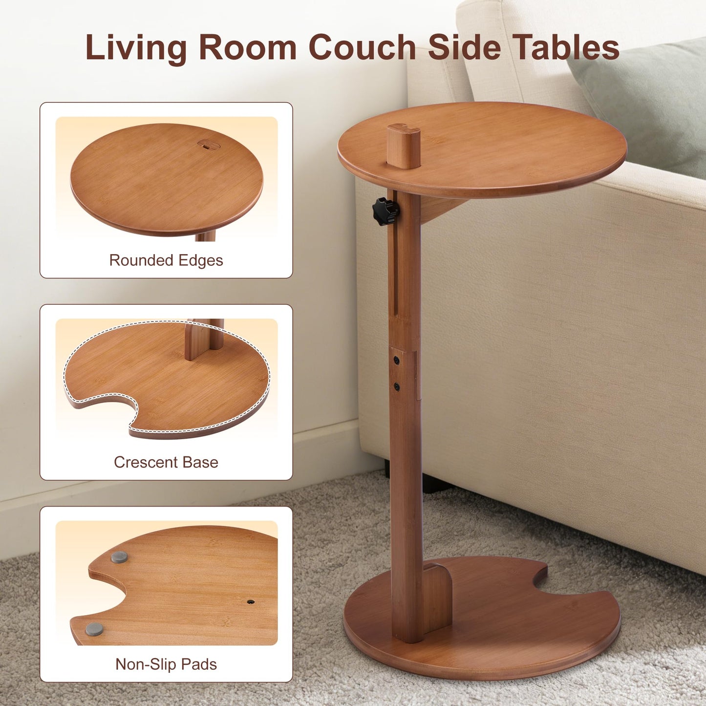 VELOHEIM Bamboo C Shaped Side End Table 18–26" Height Adjustable for Sofa