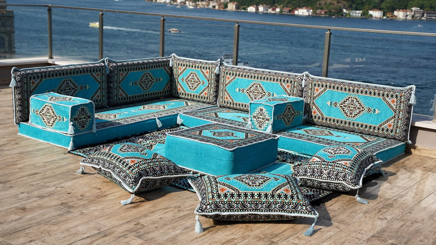 L Shaped Arabic Floor Cushions, Sectional Sofas, Arabic Majlis Set, Custom Made Sofa, Arabic Sofa Set, Seating Cushions (4'' Thickness Sofa, L Sofa Full Set, Turquoise)