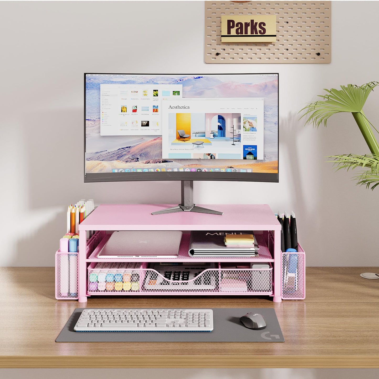 OPNICE Desk Organizers and Accessories, 2-Tier Computer Monitor Stand Riser with Drawer and 2 Pen Holders, Laptop Stand, Office Desk Accessories & Office Decor for Women, Pink