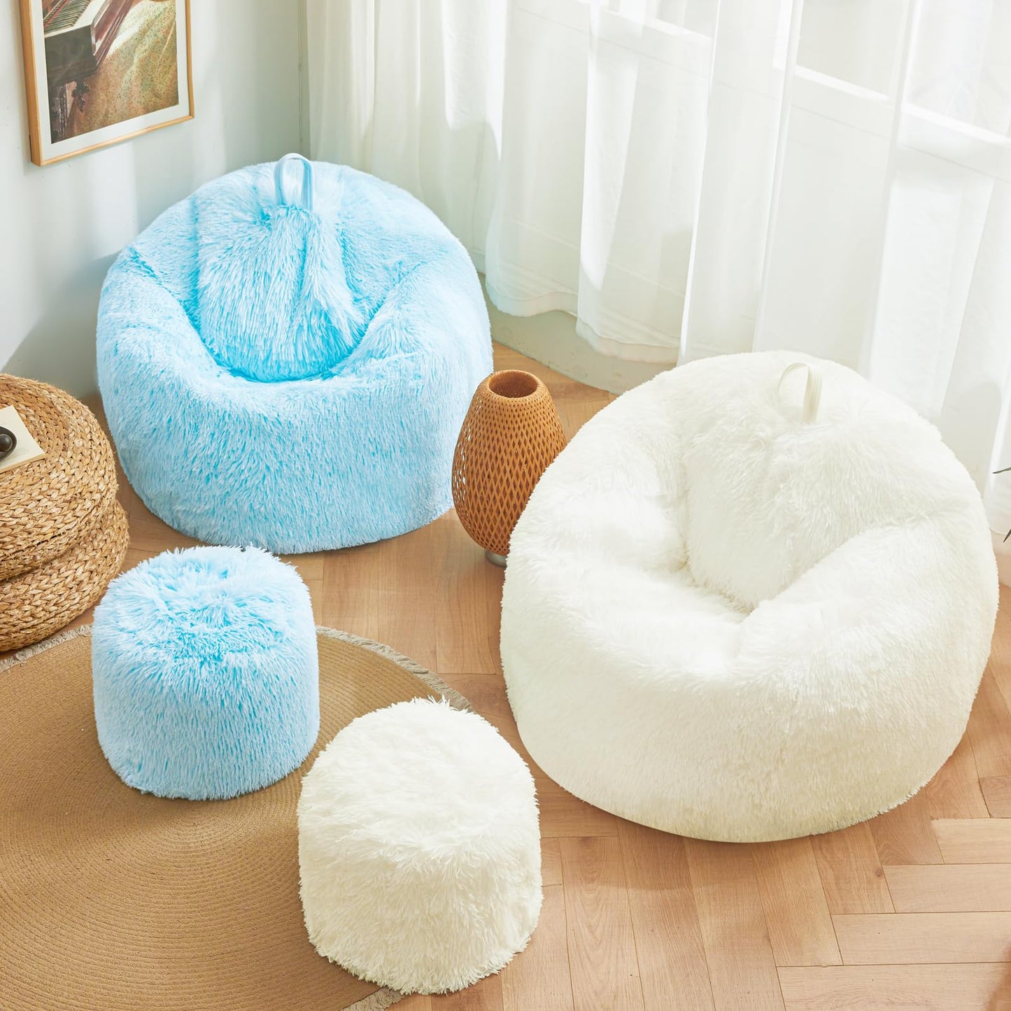 Beige faux fur bean bag chair covers (No Filler), comfy Fluffy Beige bean bag chair Cover for bedroom, stuffed animal Storage, kids adults teens girls bean bag chairs, Anti-Slip