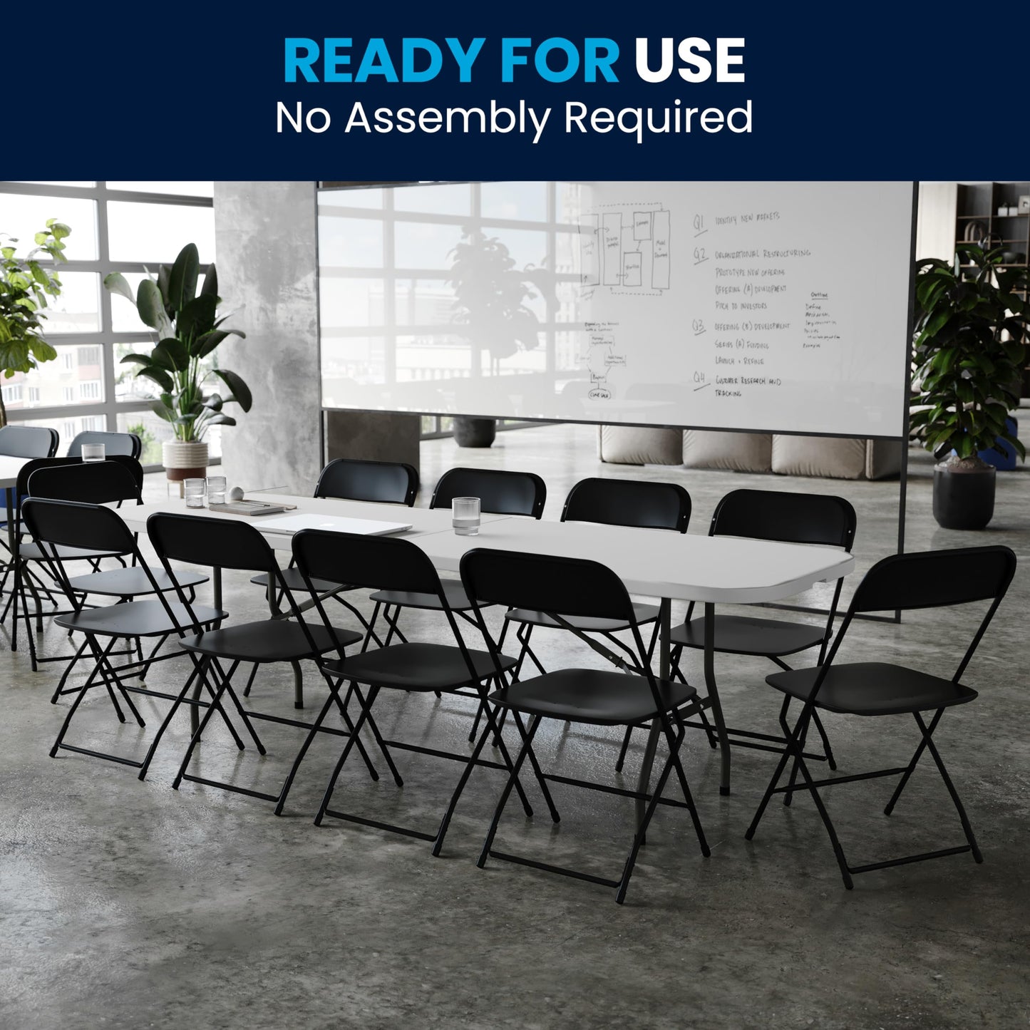 Flash Furniture 8' Plastic Bi-Fold Training Table Set with 10 Folding Chairs, 11-Piece Rectangular Folding Training Table and Chairs Set, White/Black