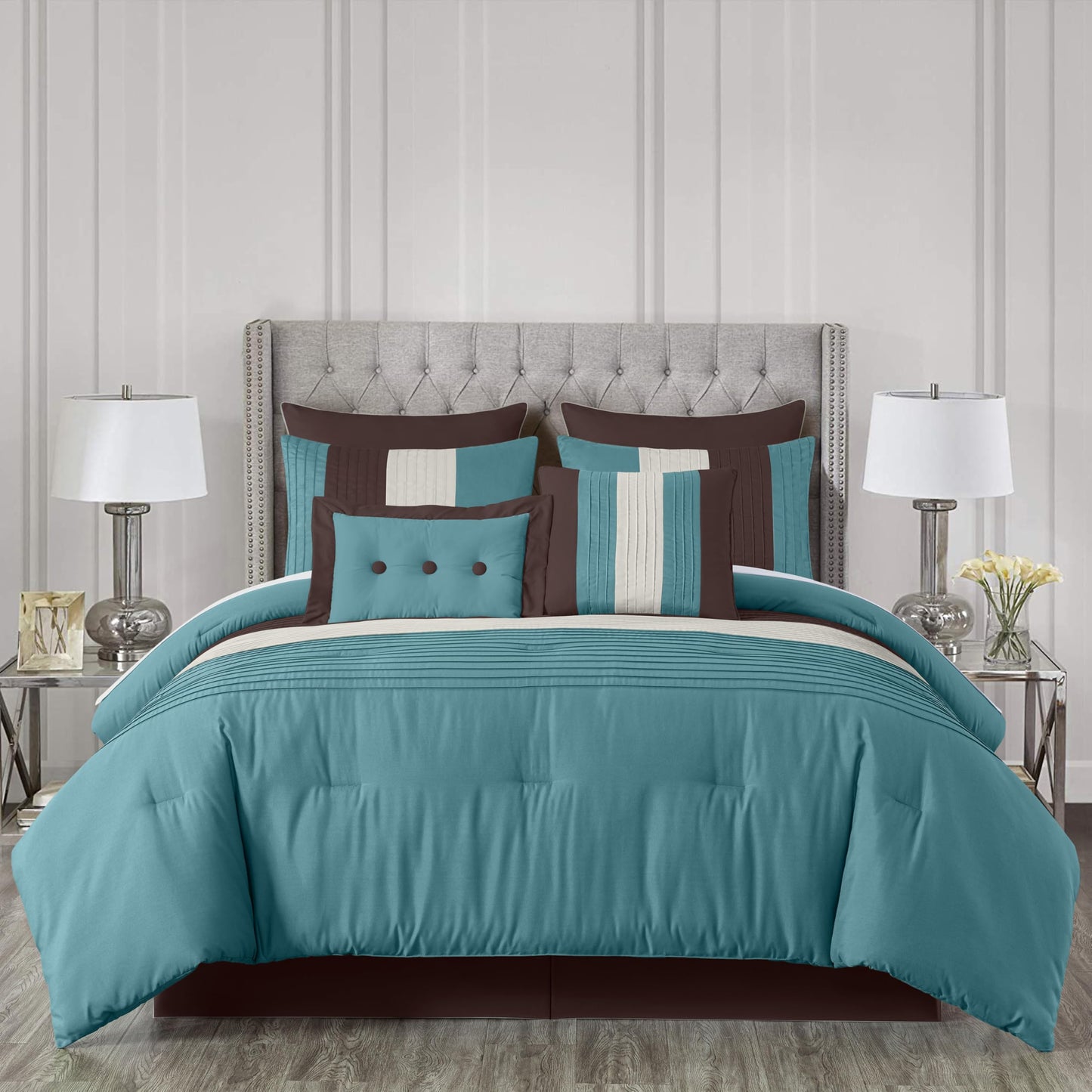 Chezmoi Collection Loft 8-Piece Luxury Striped Comforter Set (Full, Blue/Beige/Chocolate Brown)