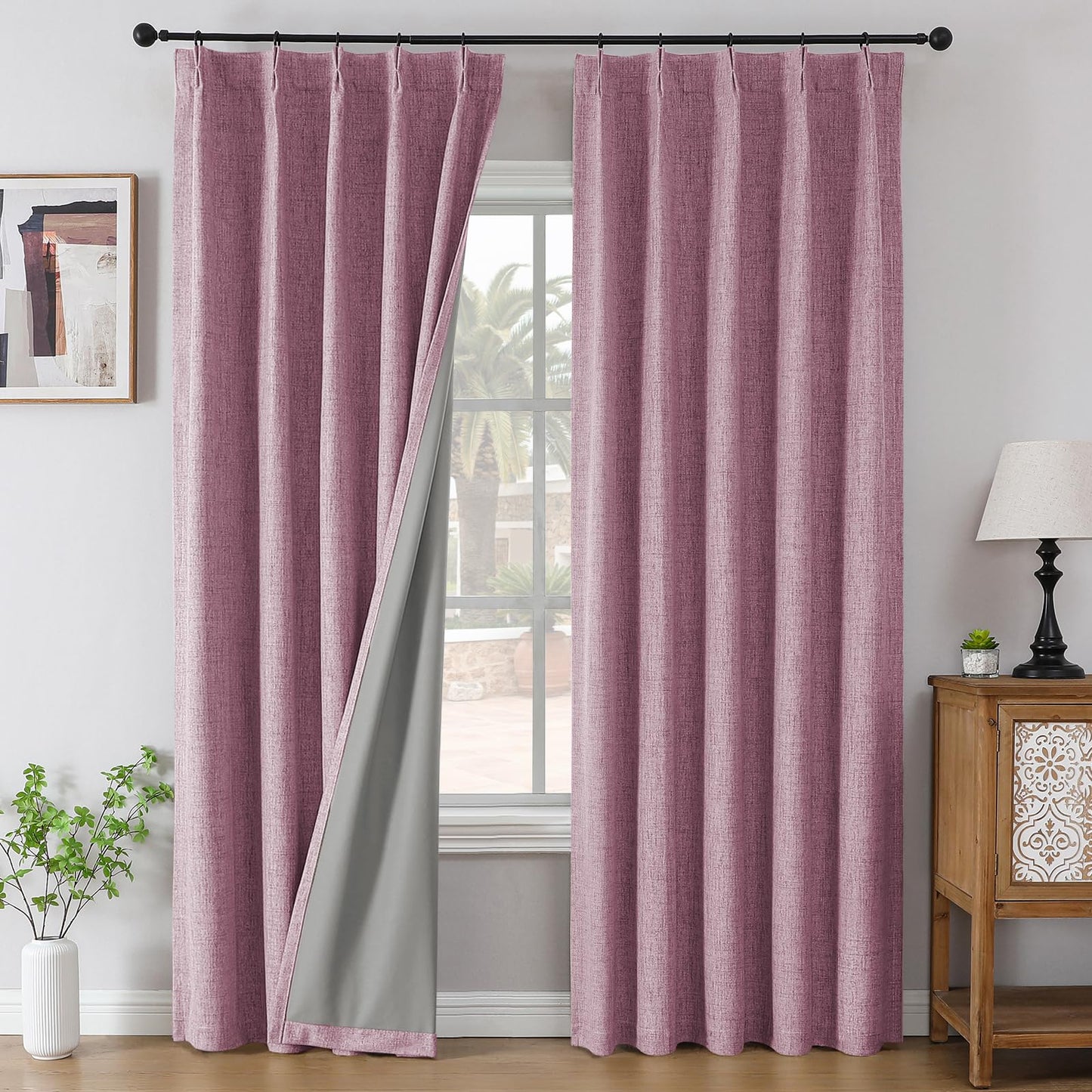Joydeco Pinch Pleated Curtains - 100% Blackout for Bedroom, Pink Linen Curtains 40" W x 90" L, Thermal Insulated 2 Panels Light Blocking Drapes, Back Tabs for Living Room