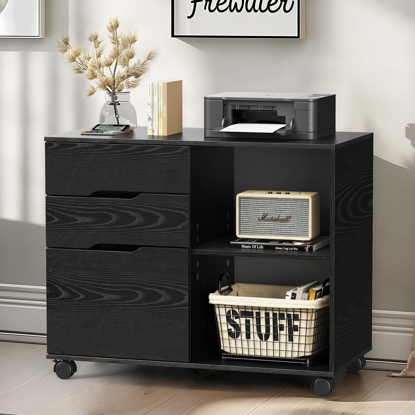 DUMOS Lateral File Cabinet with 3 Drawers Rolling Filing Cabinets Under Desk Storage Printer Stand Wood Organizer with Wheels Adjustable Shelf for Office Home Small Space, Black