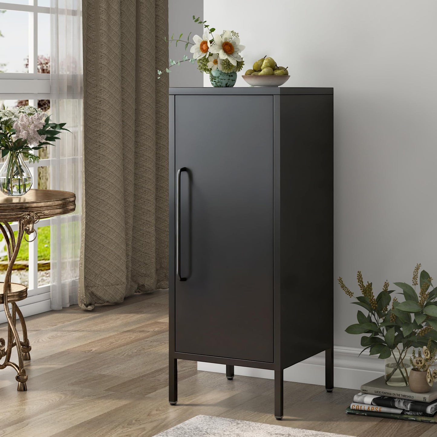 PEROKIER Metal Storage Cabinet with Door & 2 Adjustable Shelves 39.5” Small Storage Cabinet with Magnetic Closure for Home Office Garage Kitchen (Black)