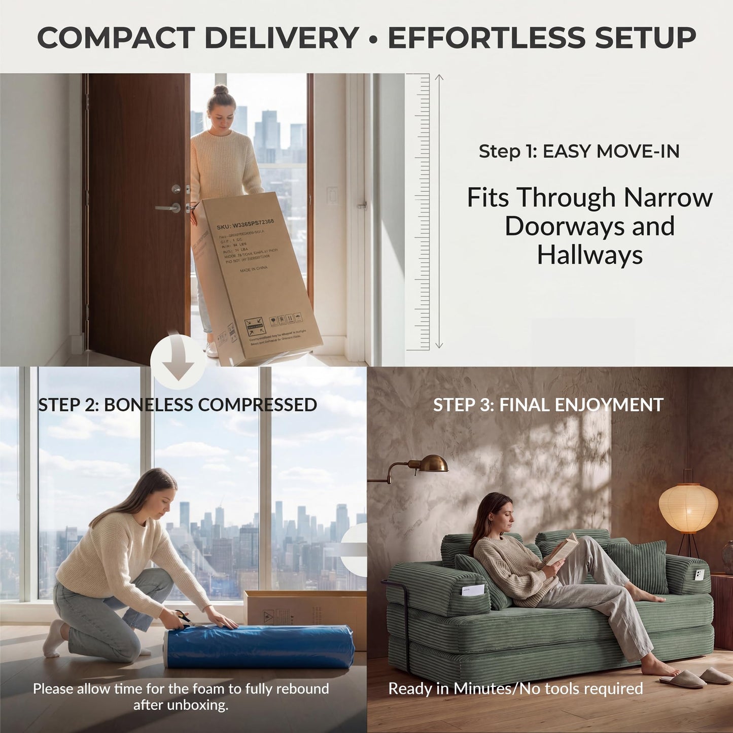 Boneless Floor Sofa, 3-in-1 Convertible Loveseat Sleeper Futon, Modular Small Space Couch Bed with High Headrests & Side Storage Pockets & 2-in-1 Pillow Blanket for Living Room, No Assembly, Bedroom