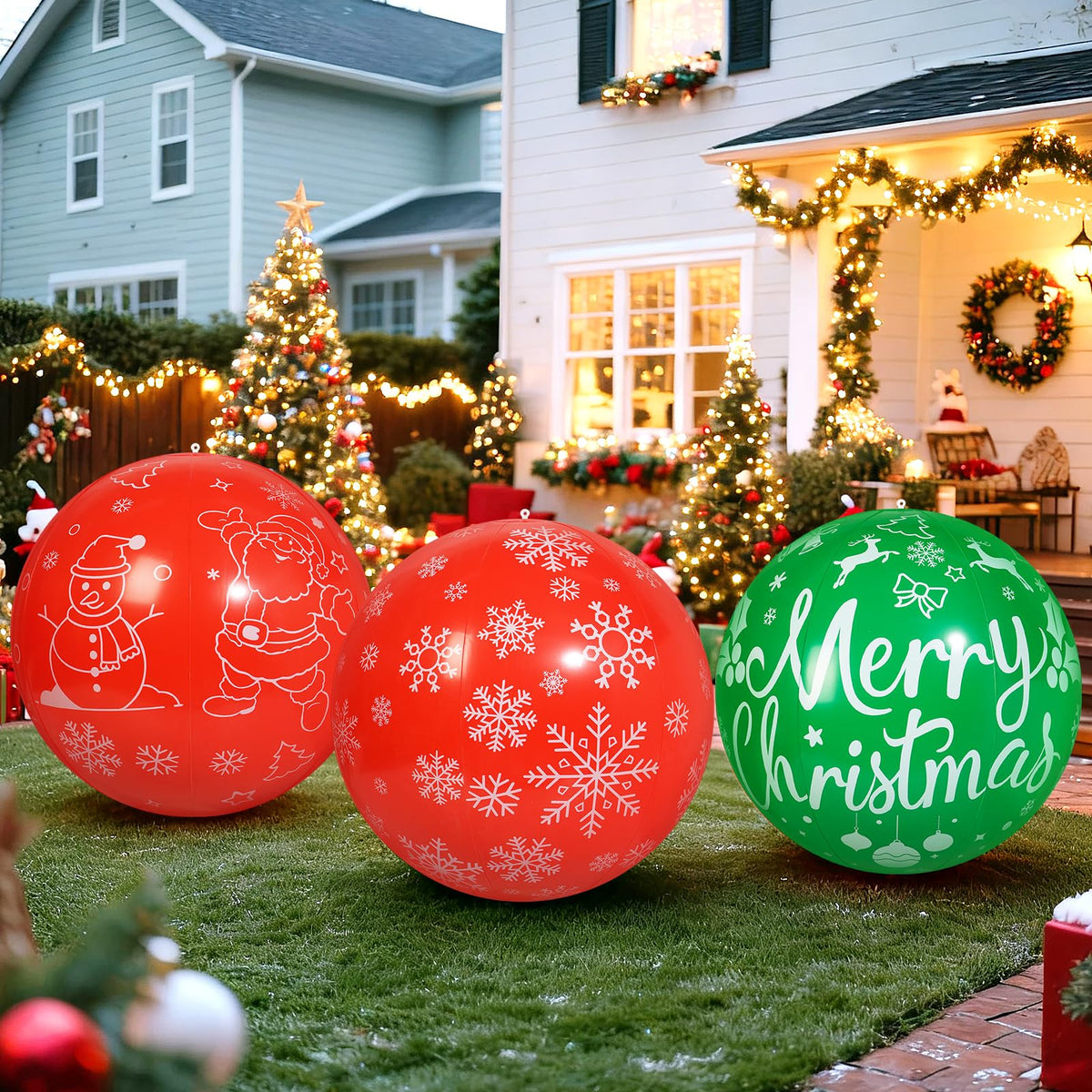 TaoQ C 3 PCS 32 Inch Christmas Inflatable Balloons PVC Large Christmas Inflatable Outdoor Balls for Xmas Garden Lawn Yard Holiday Front Door Decoration