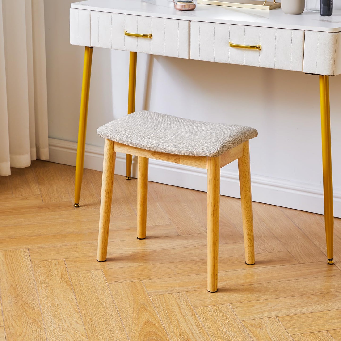 IBUYKE Saddle Cushion Vanity Stool Chair, Foot Rest Stool with Solid Wood Legs, Modern Vanity Bench Ottoman for Piano, Upholstered Seat for Bedroom, Entryway, Wooden Legs&Light Linen WBD007NY