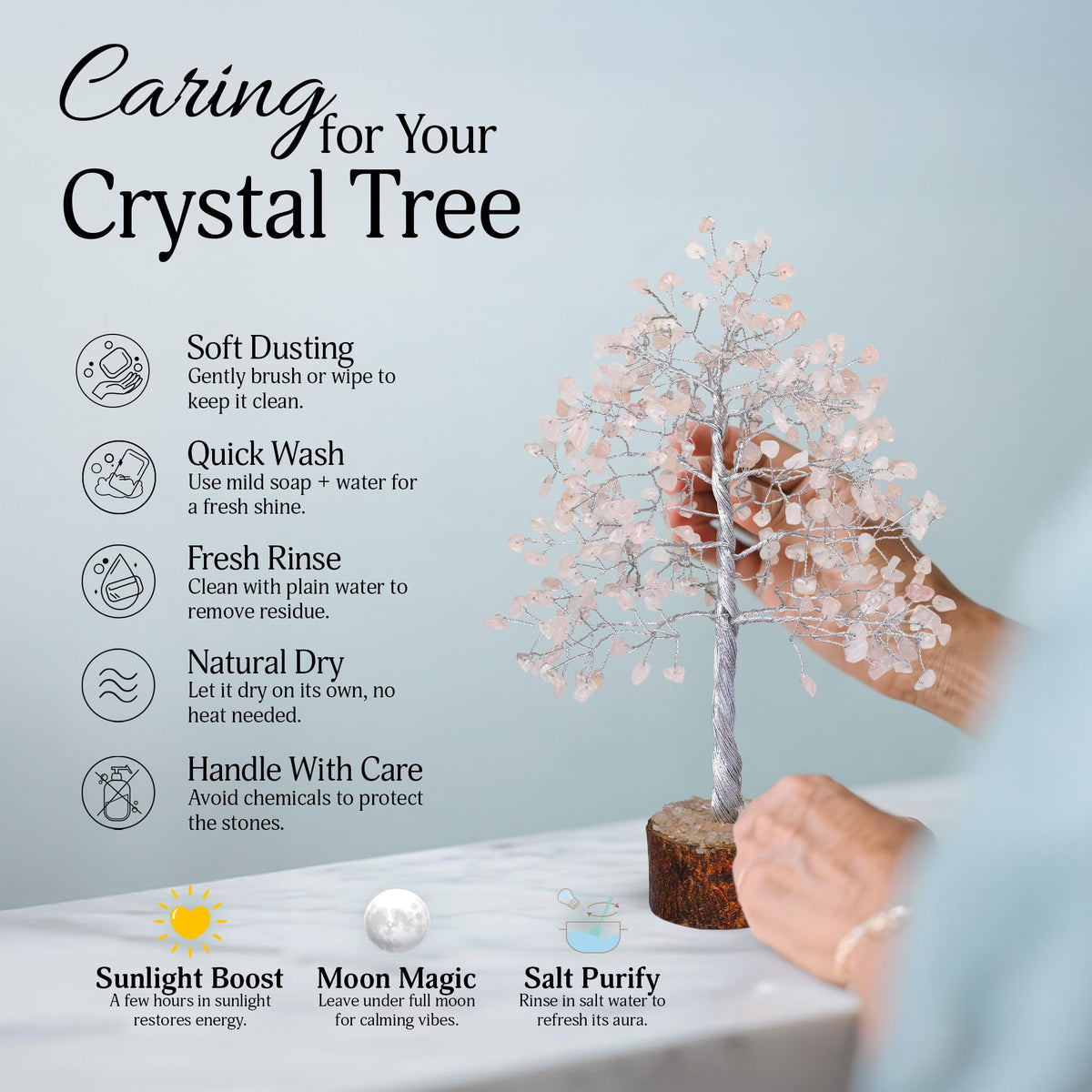 FASHIONZAADI Rose Quartz Crystal Tree, Silver Wire Feng Shui Gemstone Decor, Chakra Healing Stones Crystal Decor, Artificial Bonsai Money Tree, Good Luck Spiritual Gifts for Women & Men