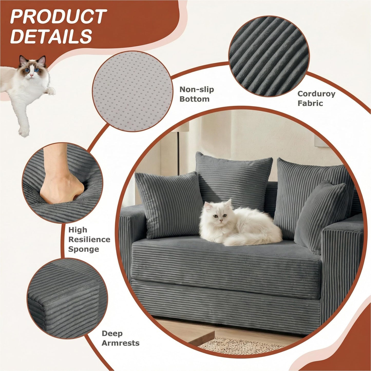 AOLVDOW Convertible Sofa Bed, 5 in 1 Small Boneless Couch Pull Out Loveseat Sleeper Sofa,Corduroy Futon Couch Folding Mattress with 4 Pillows for Living Room