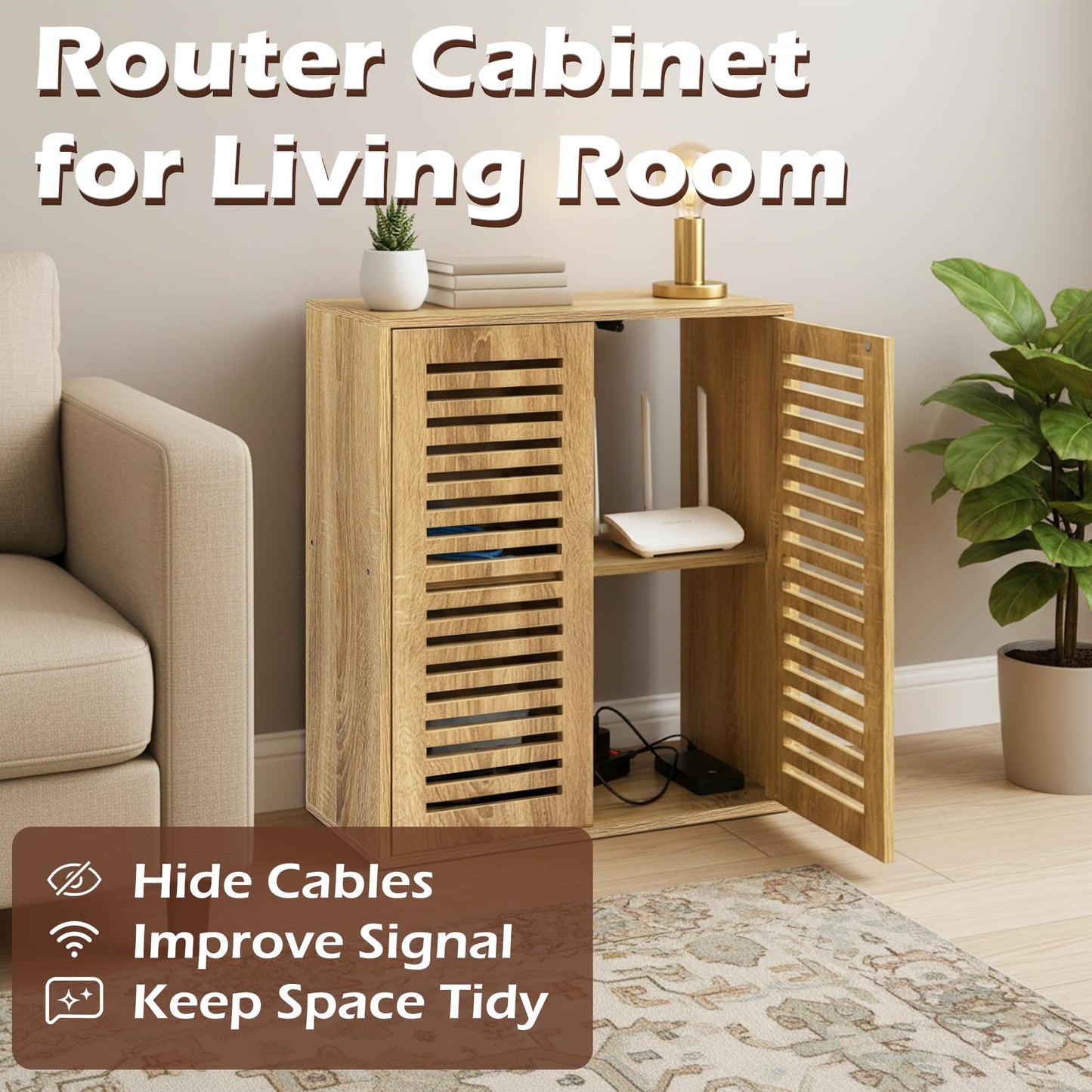 WiFi Router Storage Cabinet, Floor Standing Router Storage Box Modem, Multi-Functional Router Storage Box, Power Strip and Cable Management Hider Organizer for Living Room, Office, Bedroom, White Oak