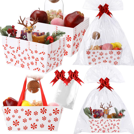 Moinchore 12 Pcs Christmas Basket for Gifts Empty 9.8 x 6.5'' Candy Cane Market Tray Red Cardboard Basket with Bows, Plastic Bags, Twist Ties, Empty to Fill for Holiday Birthday Xmas Party Favor