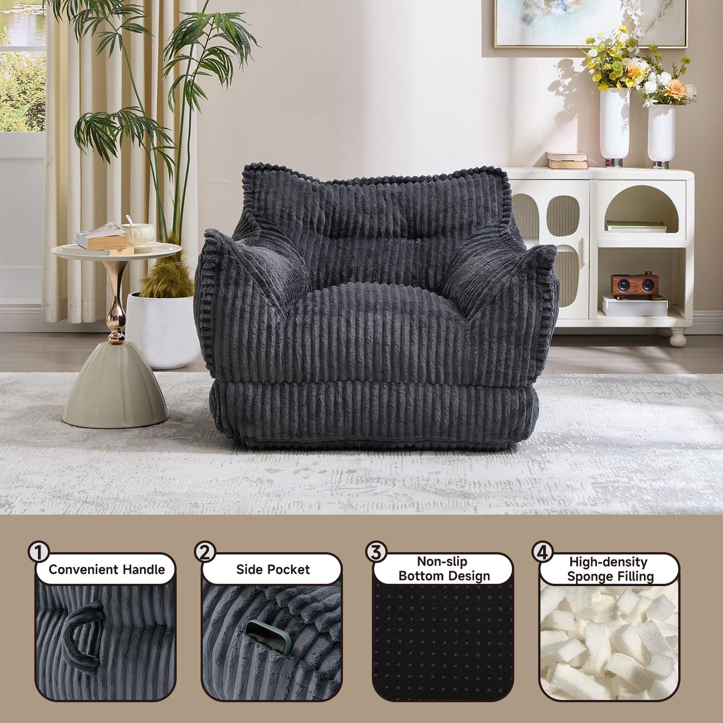 Manyday Convertible Sofa Bed, 2 in 1 Folding Sleeper Sofa to Lounger Comfy Single Bean Bag Chair for Adults, Floor Couch with Handle, Corduroy Couch Bed for Living Room Bedroom, Gray