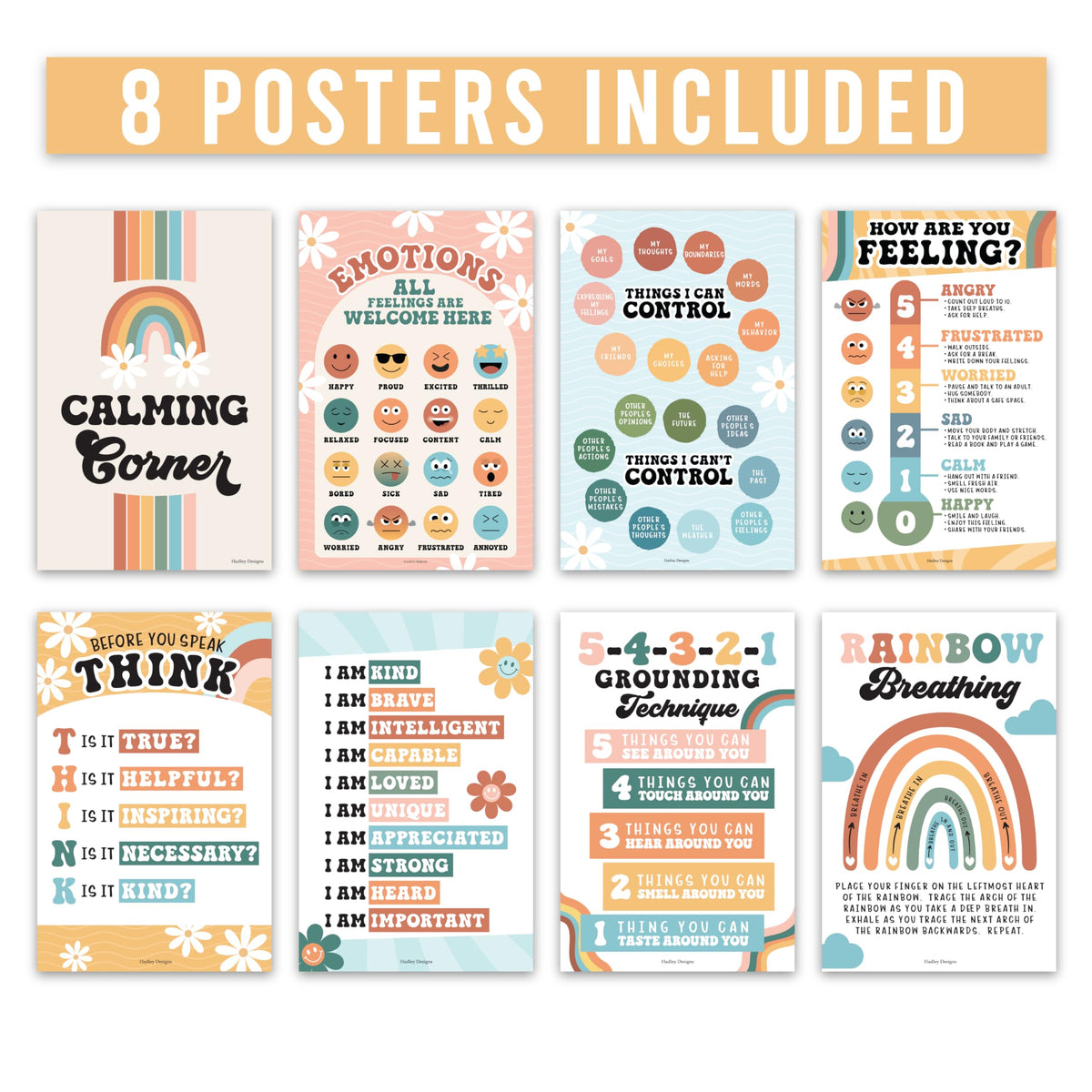 Hadley Designs 8 Calming Corner Posters for Classroom Must Haves - Calm Down Corner Supplies with Emotions Chart, School Counselor Mental Health Poster, Feelings Chart For Kids, Retro Classroom Decor