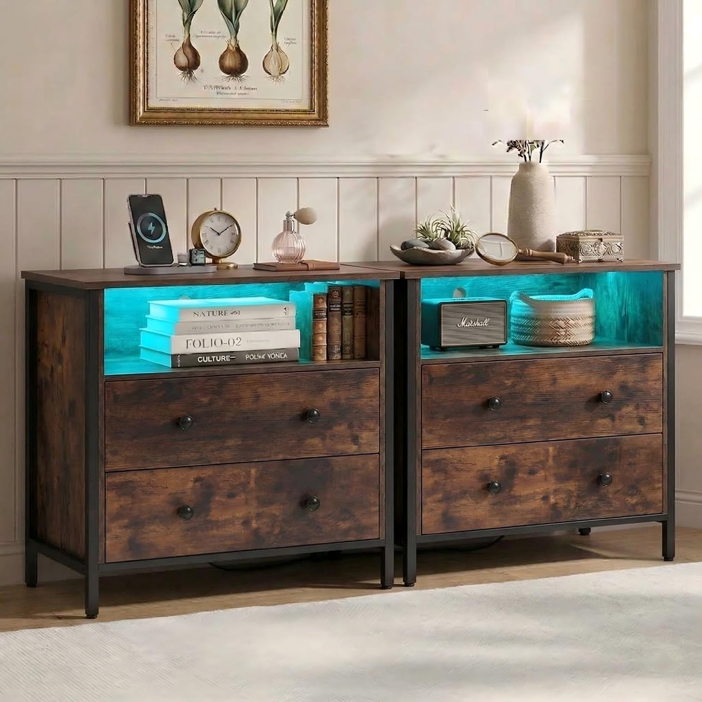 Tykacna 27 Inch Wide Night Stand, Large Wood Night Stand Set 2 with 2 Drawers, LED Nightstand with Charging Station and Adjustable Drawer, Bedside Table for Living Room/Bedroom/Study/Office, Retro.