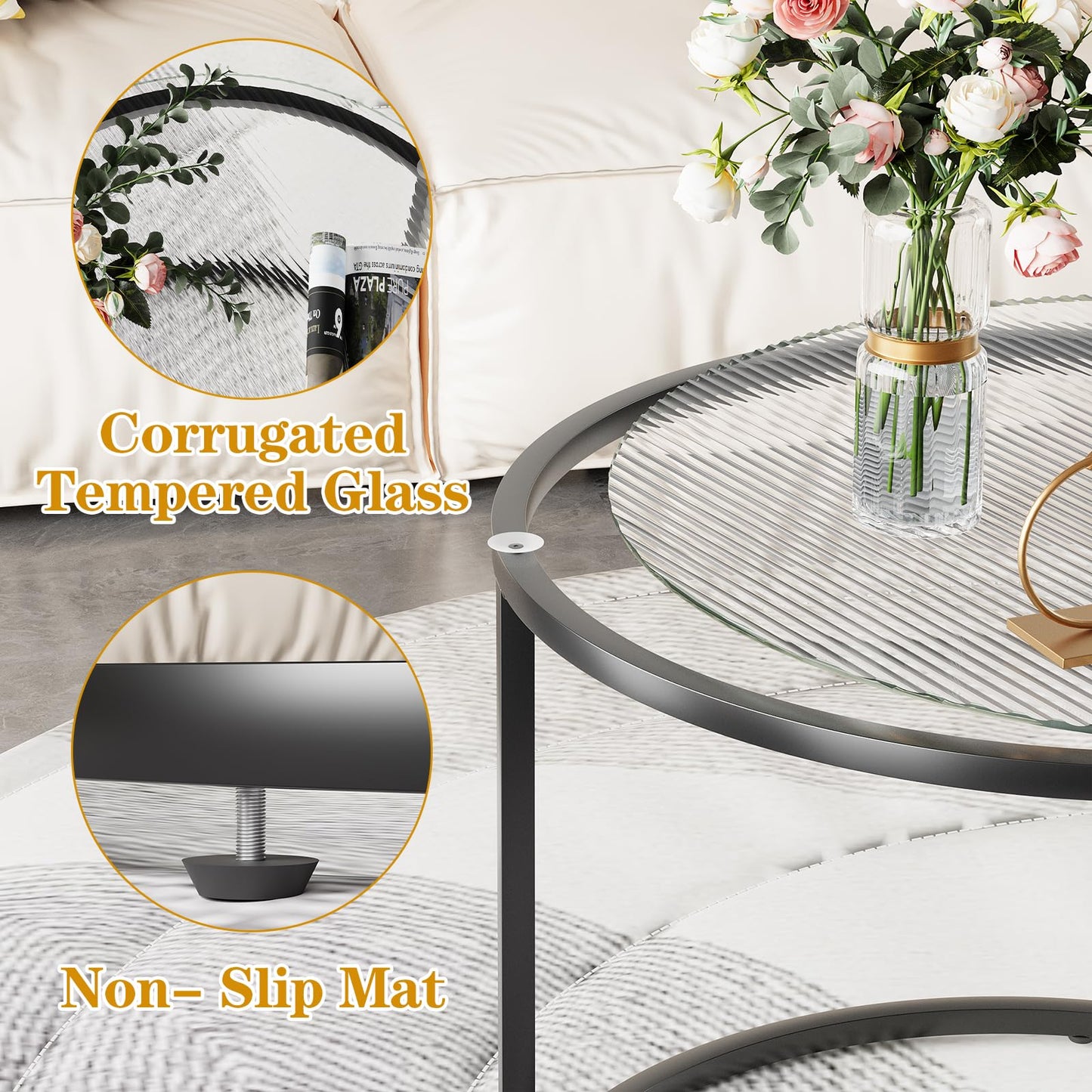 aboxoo Gold Nesting Coffee Table Set of 2, Small Glass Round Nesting Tables for Living Room Bedroom, Accent Tea Table with Black Metal Frame Modern Industrial Simple