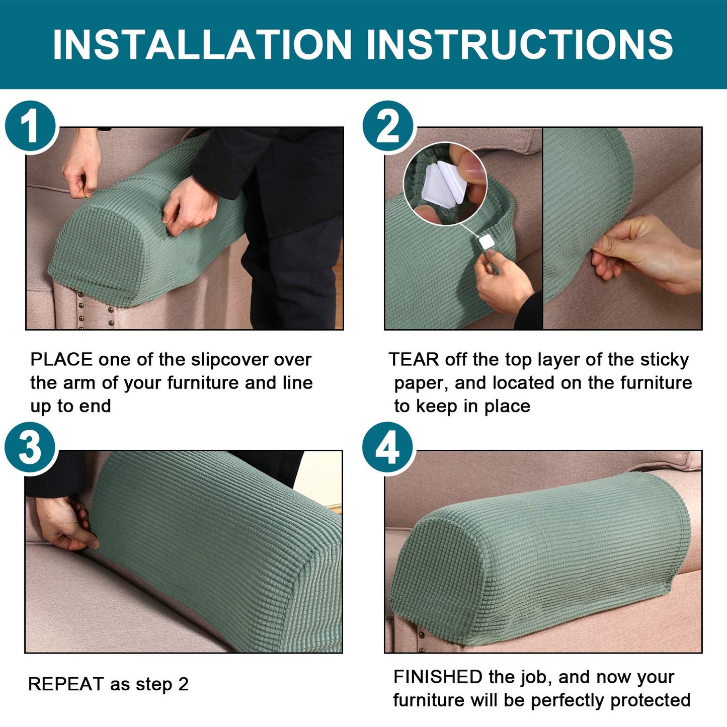 Turquoize Stretch Armrest Covers for Chairs and Sofas Couch Arm Covers for Sofa Spandex Jacquard Armrest Cover Anti-Slip Furniture Protector Armchair Slipcovers for Recliner Set of 2, Dark Cyan