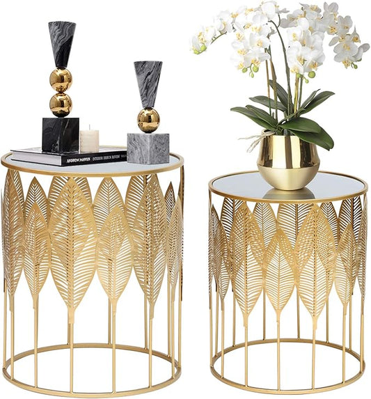 Homebeez Gold Nesting Tables Set of 2, Glam Leaf Design Round End Table
