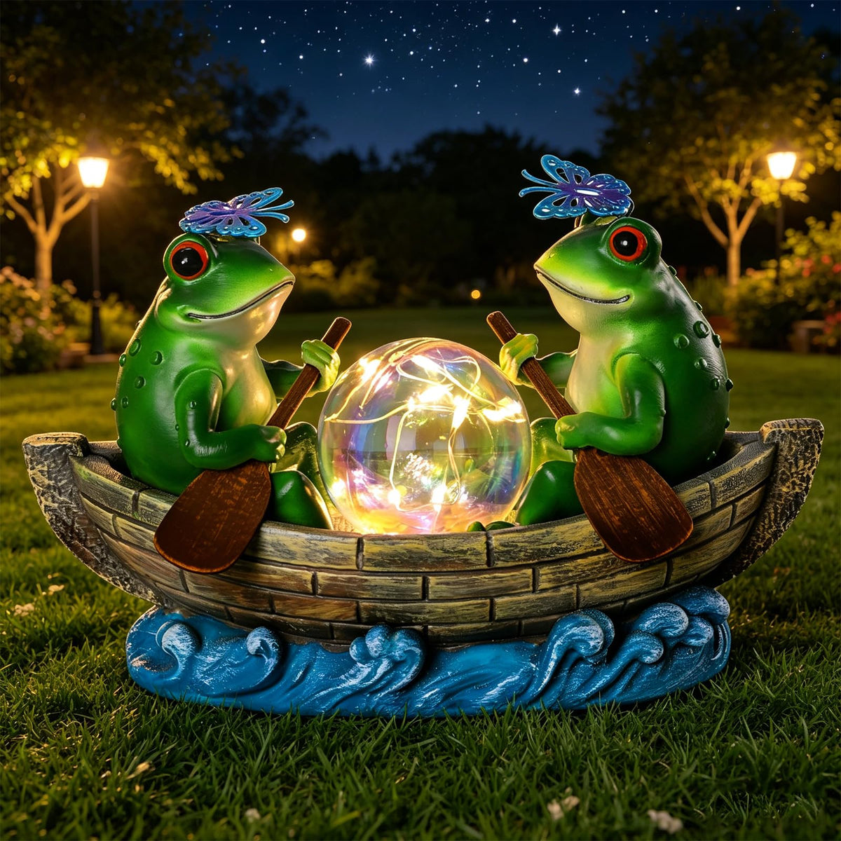 YHSOLAR Solar Frog Boating Garden Statue with Ball Light 5.1" Resin Frogs Decor for Home Front Door Patio Porch Balcony Women Gardeners Moms Wives Girlfriends