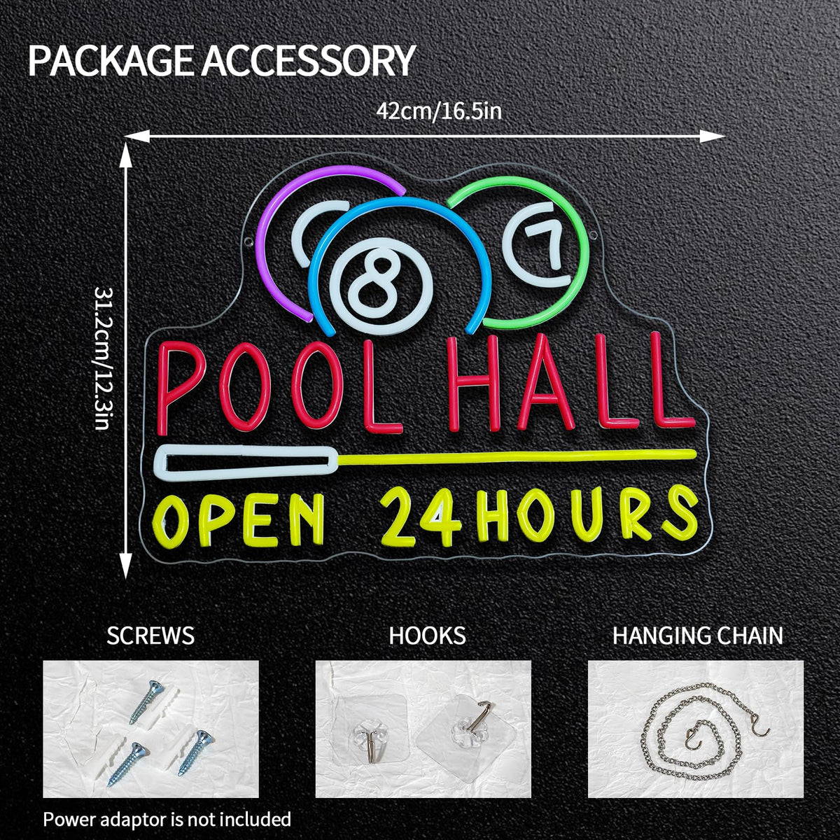 Runalosa Pool Hall Open 24 Hours Neon Sign Dimmable Billiards Neon Light Sign for Wall Decor Snooker Led Signs for Home Bar Game Room Party Man Cave Club Business Decor Gift for Man 16.5" x 12.3"