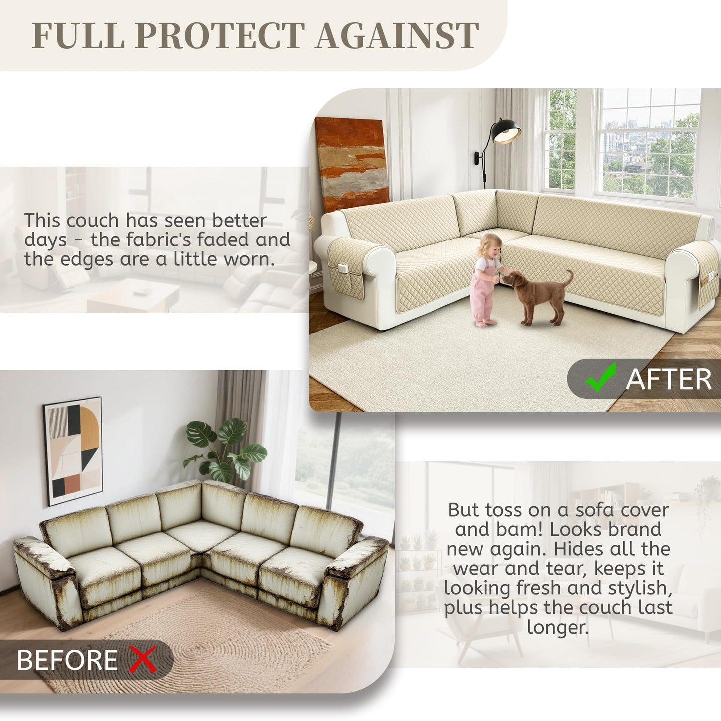 SYJOVIA Sectional Couch Covers for Dogs 100% Waterproof Corner L Shaped Sofa Cover Pet Friendly Velvet Washable Anti Slip L Shape Modular Sofa Slipcover Protector with Pockets (Beige, X-Large)