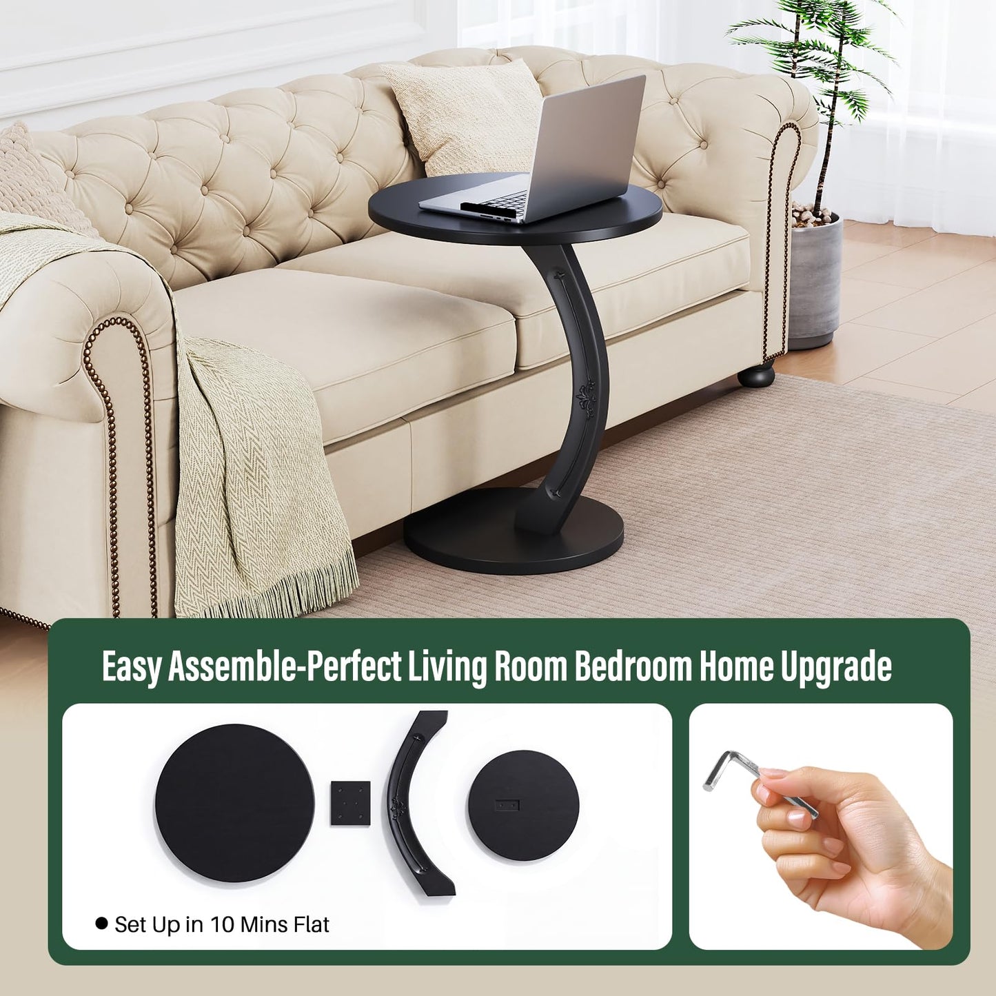MYOTA C-Shaped End Table for Couch - Round Small C Side Table, Handmade Solid Wood Sofa Couch Tables that Slide Under Bedside, Saving Space Wooden Tray for Living Room, Bedroom, Small Space (Black)