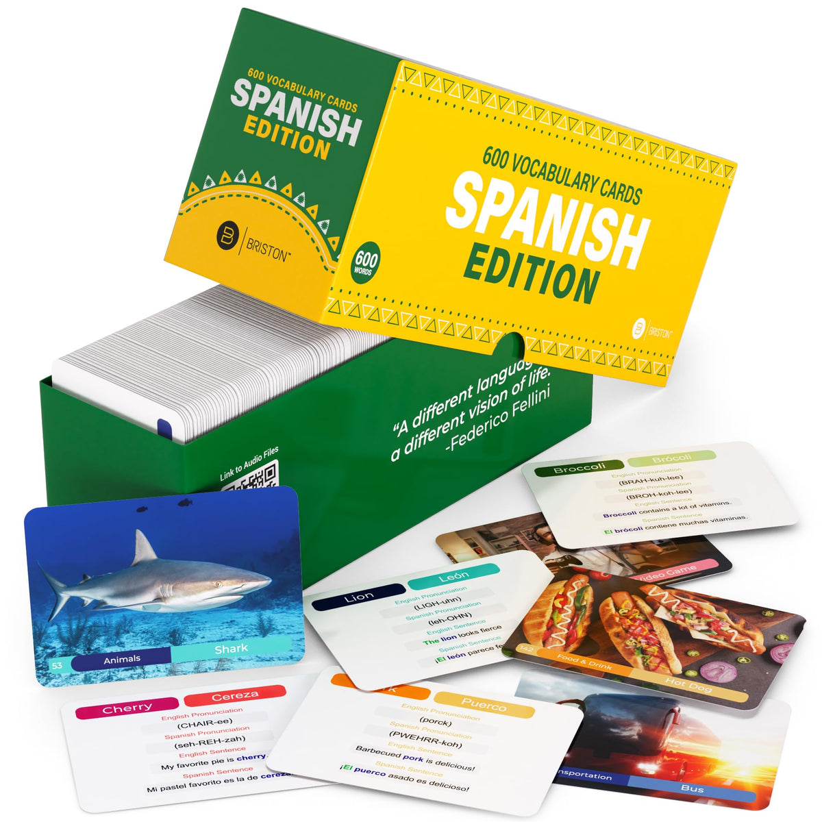 Briston Spanish Vocabulary Flash Cards – 600 English to Spanish Flashcards with Example Sentences & Pronunciations – Language Learning Cards for Kids & Adults, Classroom, Homeschool Study Set