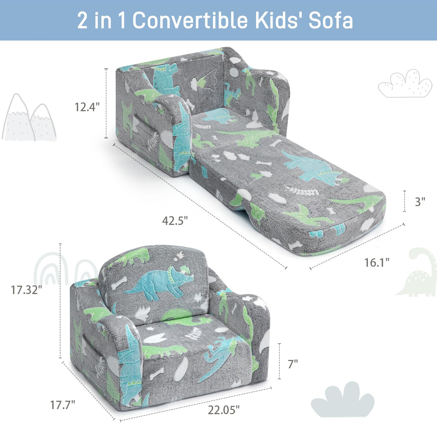 aodisman Thick Comfy Kids Chair and Couch, 2-in-1 Soft Foldable Plush Kids Sofa, Foam Seating for Reading and Play, Removable Washable Cover, Gray Dinosaur