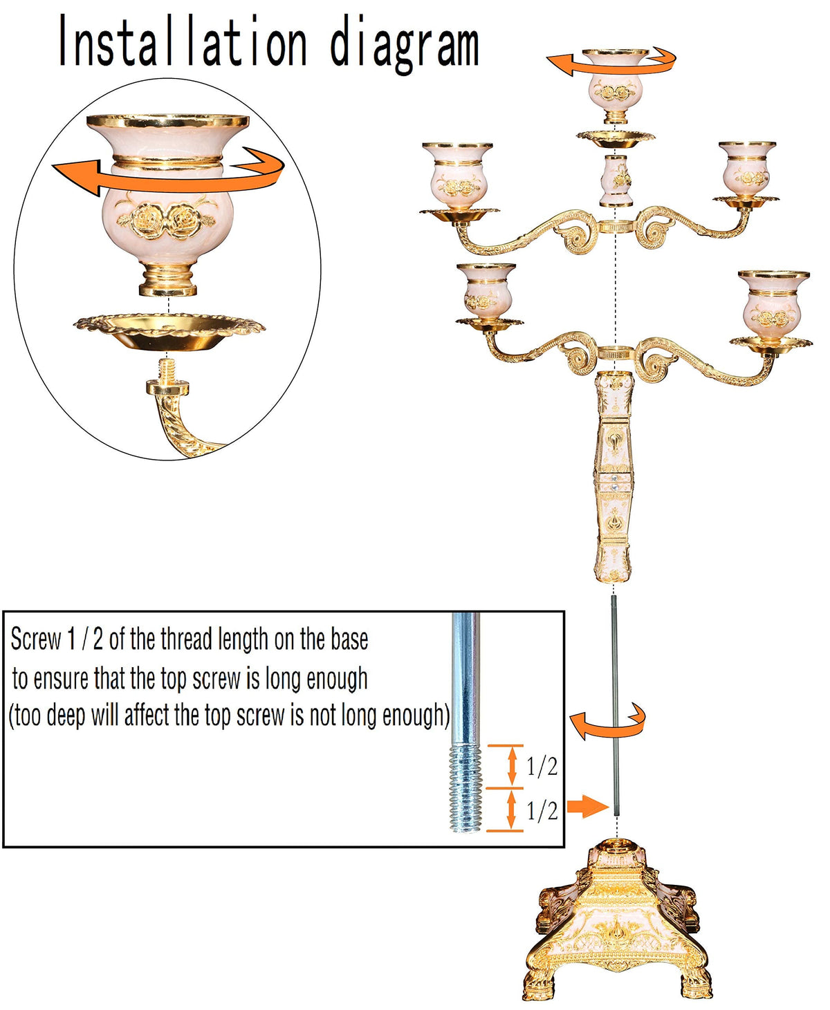 RosyLine Metal Candelabra 17" Height, Candle Holder with 5 Arms,Antique Bronze Furnish Candle Holder, Centerpiece for Home Decro,Wedding Event, Party,1 Pack (Golden)