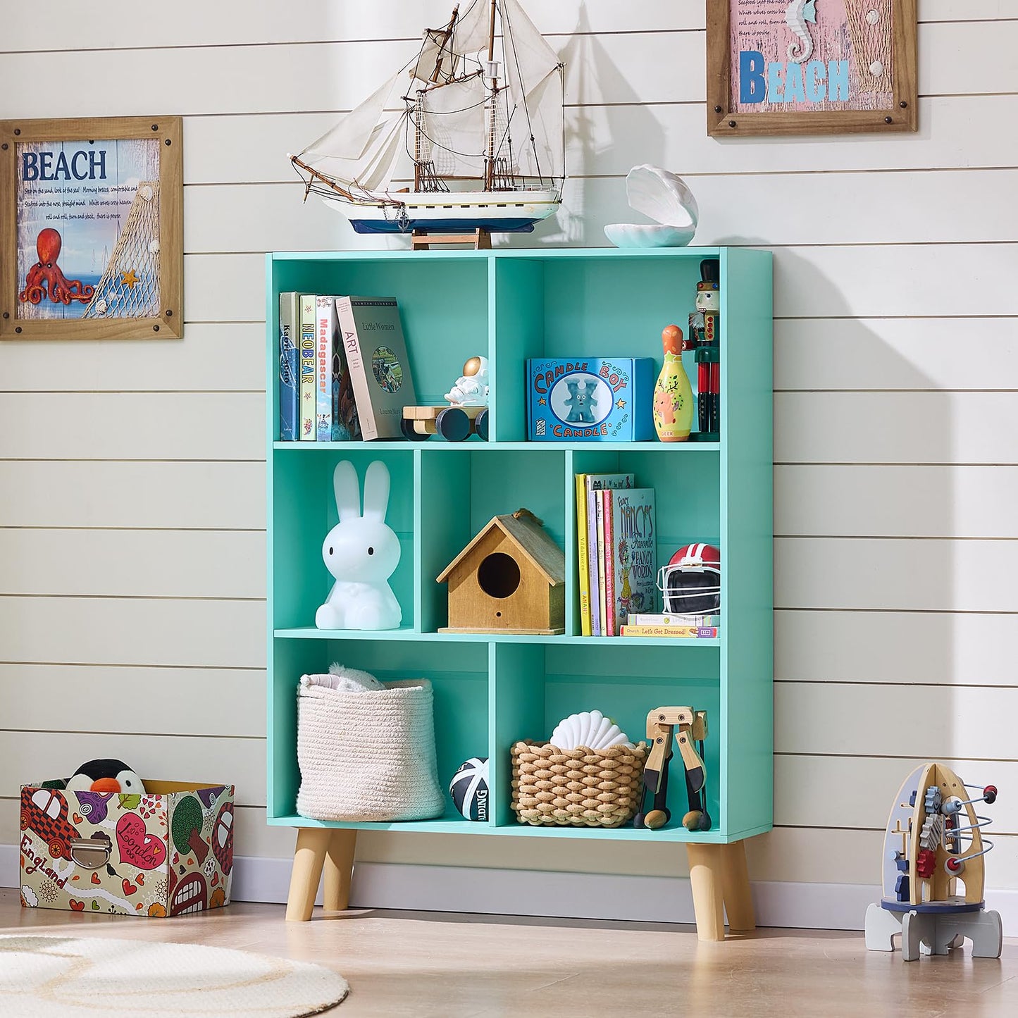 LEYAOYAO 7 Cube Bookshelf 3-Tier Bookcase with Legs, Mint-Green Kids Book Shelf Cute Storage Organizer, Toy Shelves Bookshelves,Wood Display Bookcases