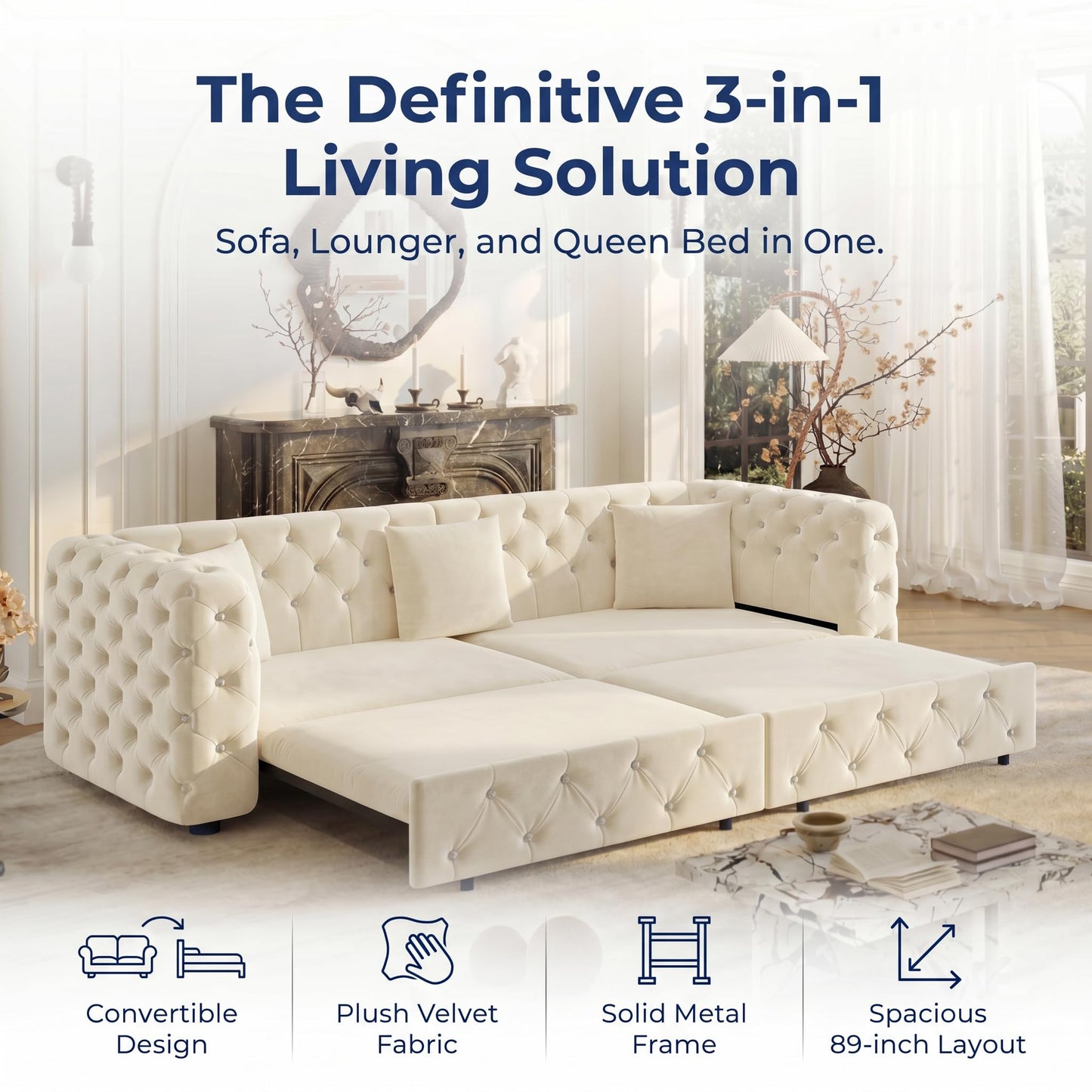 Trygoal 89" Extra Large Queen Size Sofa Bed, 3-in-1 4-Seater Oversized Velvet Sleeper Sofa Couch Bed with 3 Throw Pillows, Convertible Pull Out Couch for Living Room, Apartment, Guest Room, Beige