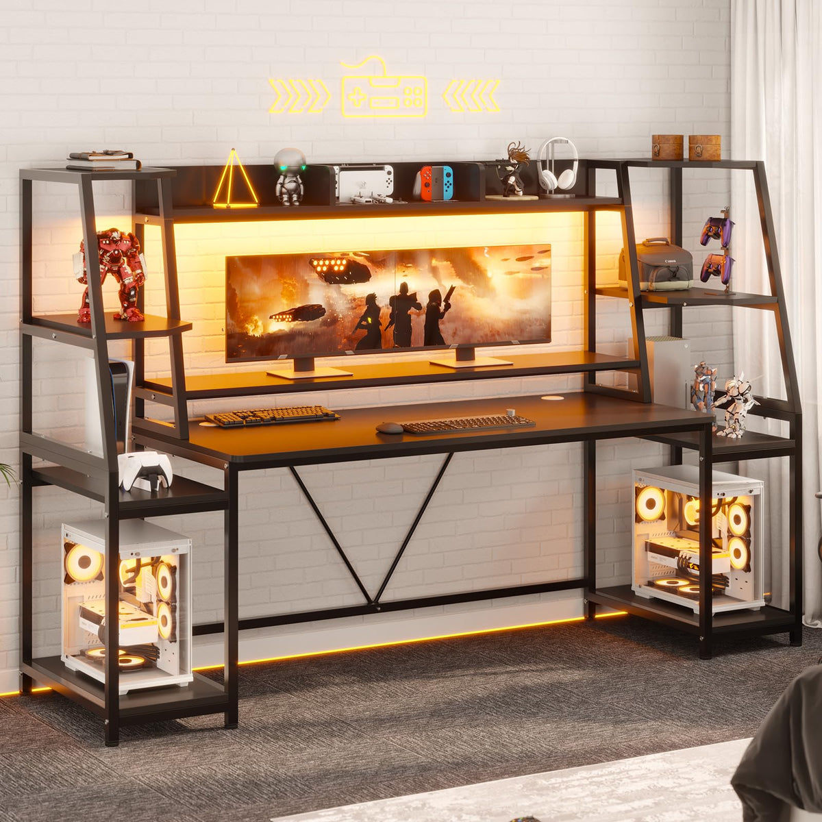 SEDETA Gaming Desk 78.8'' with LED Lights, Hutch and Storage Shelves, Computer Desk with Monitor Stand, Large PC Gamer Desk Workstation, Ergonomic Gaming Table for Bedroom, Living Room, Black