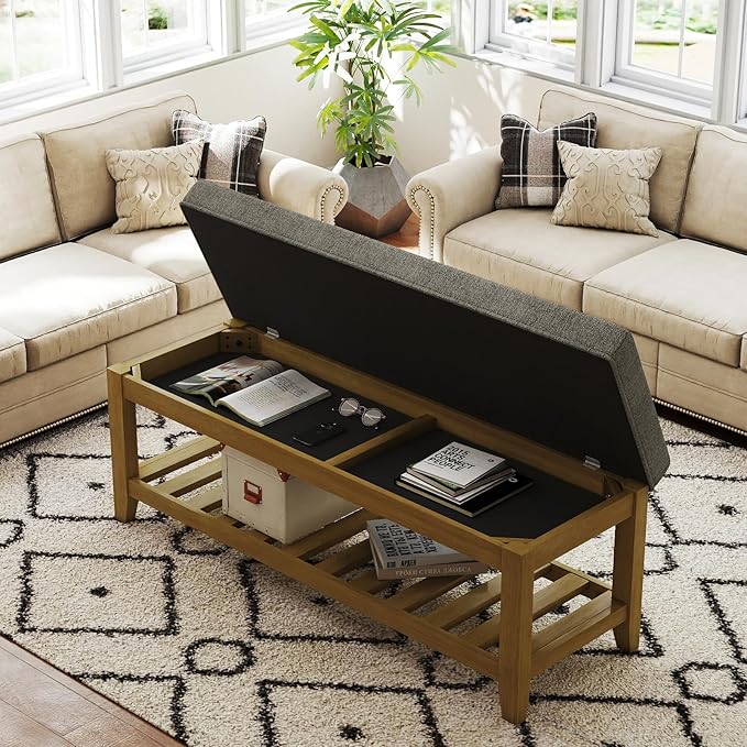Befurtori Large Rectangular Upholstered Ottoman Bench, Linen Tufted Footrest