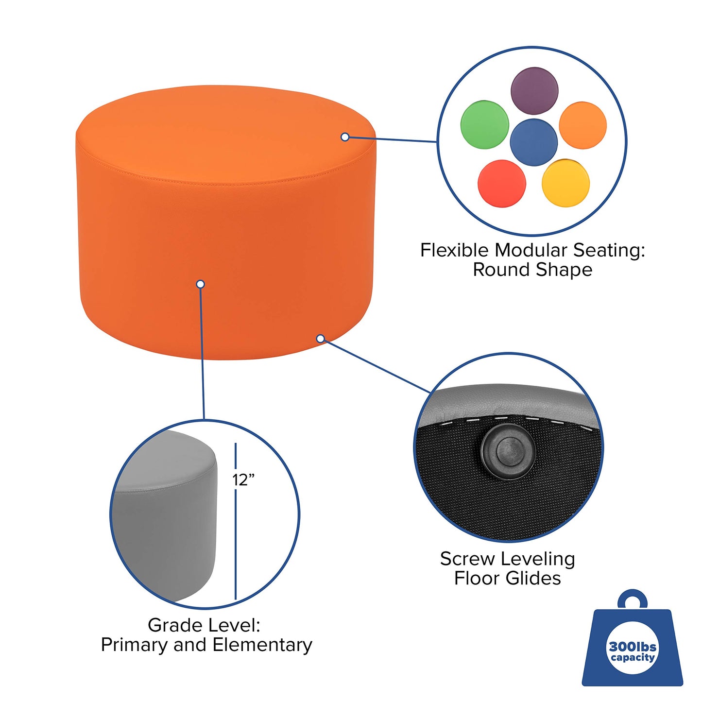 Flash Furniture Nicholas Soft Seating Flexible Circle for Classrooms and Daycares - 12" Seat Height (Orange)