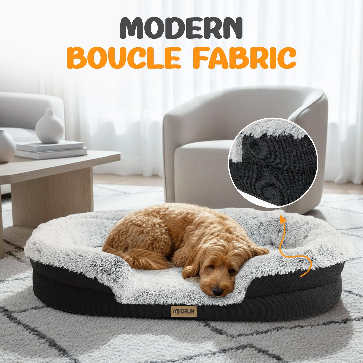 Miorun Fluffy Orthopedic Dog Bed for Large & Extra Large Dogs, Calming Plush Sofa Bed with Curved Bolster Support and Egg-Crate Foam Base, 43" Cozy Oval Pet Donut Bed with Washable Cover, Gray