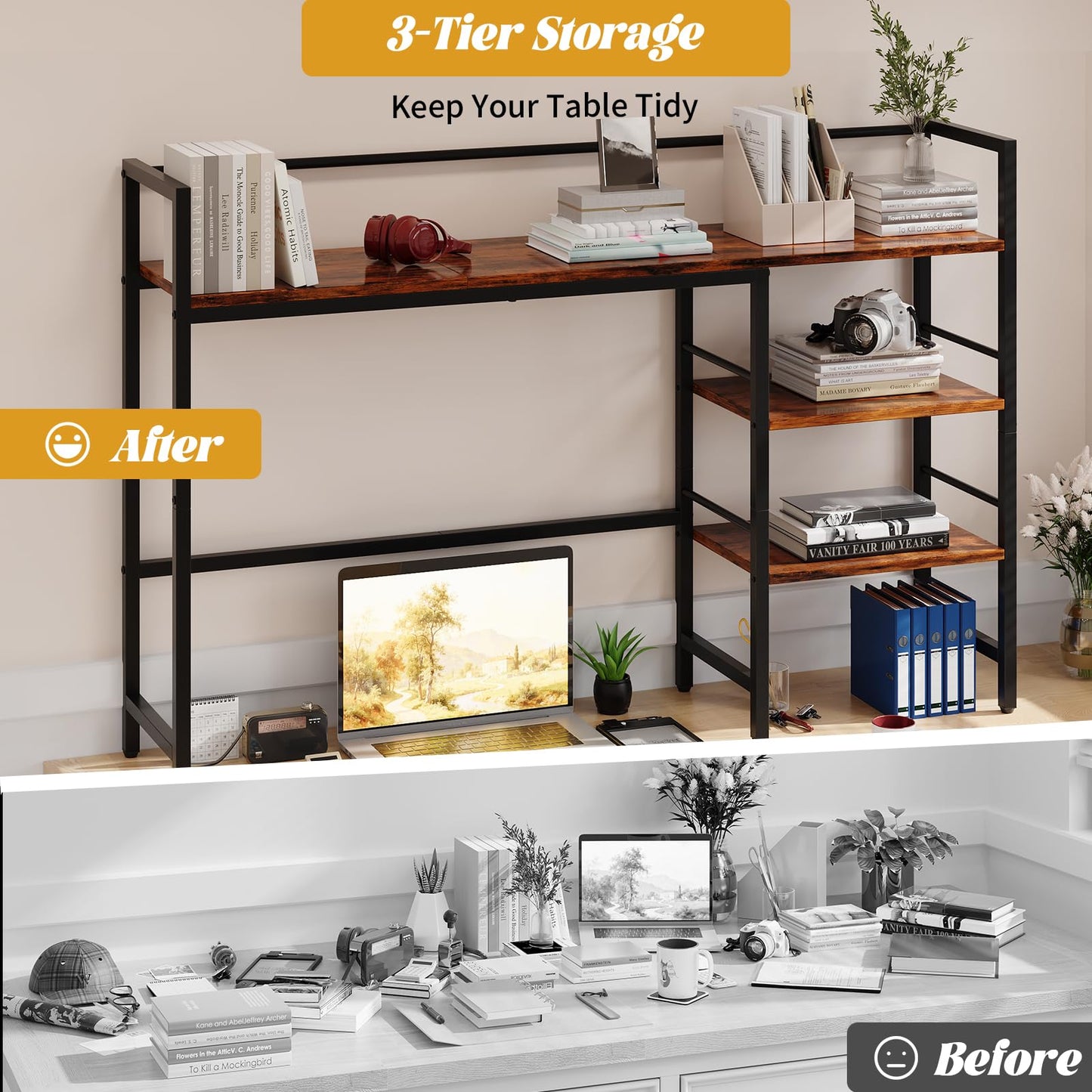HavenlyYouth Desk Shelf, 45.4 Inch Wood Desk Organizer Shelf for Computer Monitor, Desk Hutch Storage, Desktop Shelf for Top of Desk, 3 Tier Desktop Bookshelf for Home Office Dorm, Rustic