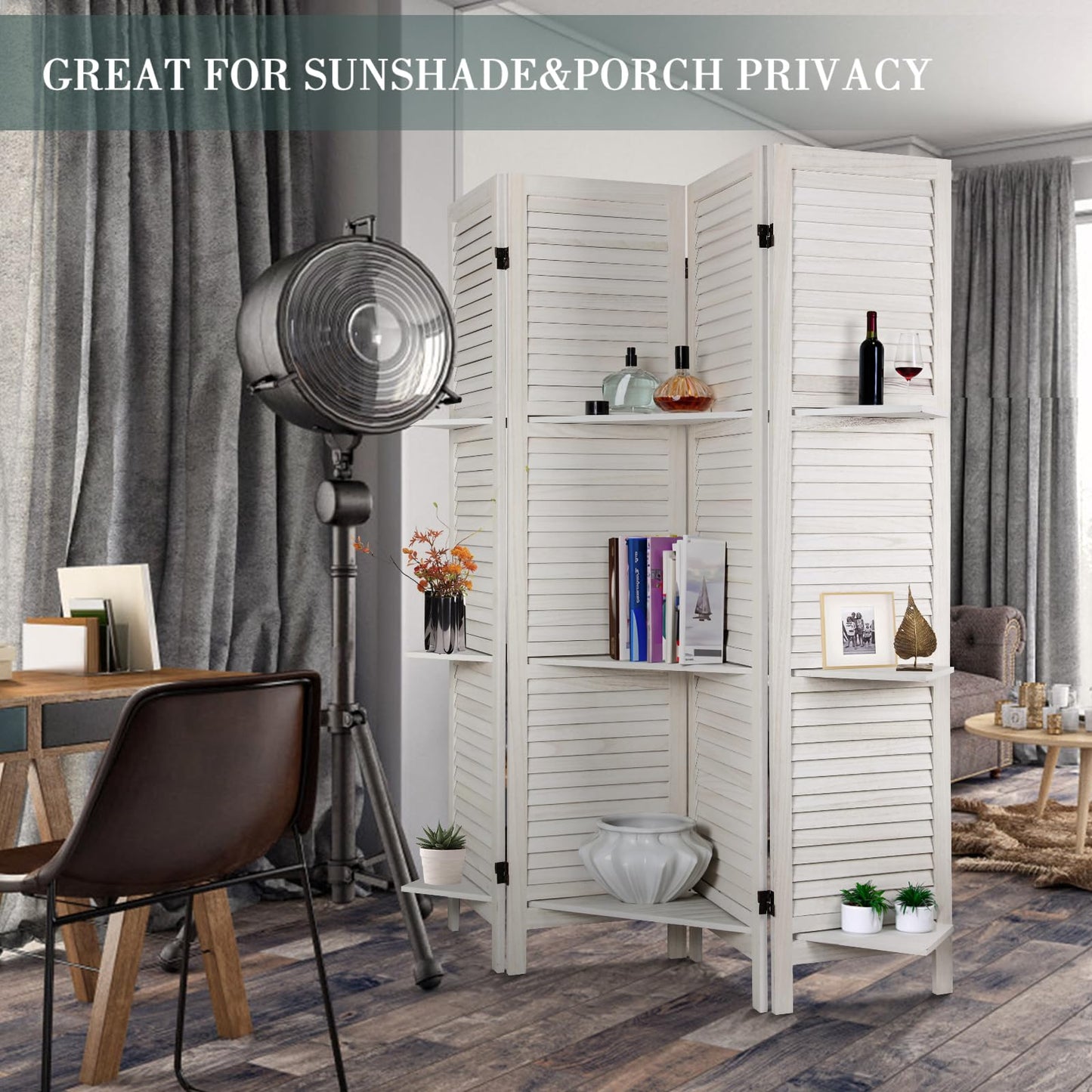 ECOMEX Room Divider with Shelves, 4 Panel White Room Divider, Room Dividers and Folding Privacy Screens, Portable Wooden Room Dividers and Partitions for Bedroom, Home Office, Studio (Warm White)