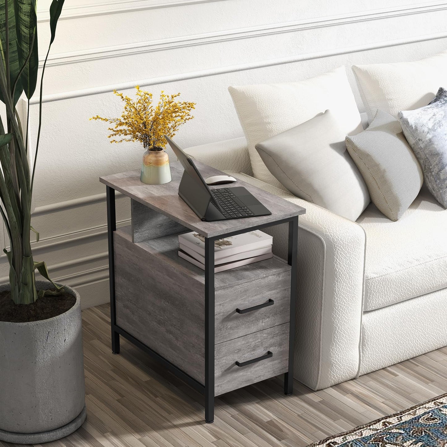 Livofloral Side Table, Gray End Tables with Charging Station, Narrow End Table with Wooden Drawers, USB Ports and Power Outlets, Nightstand and Bedside Table, Side Table Living Room, Bedroom