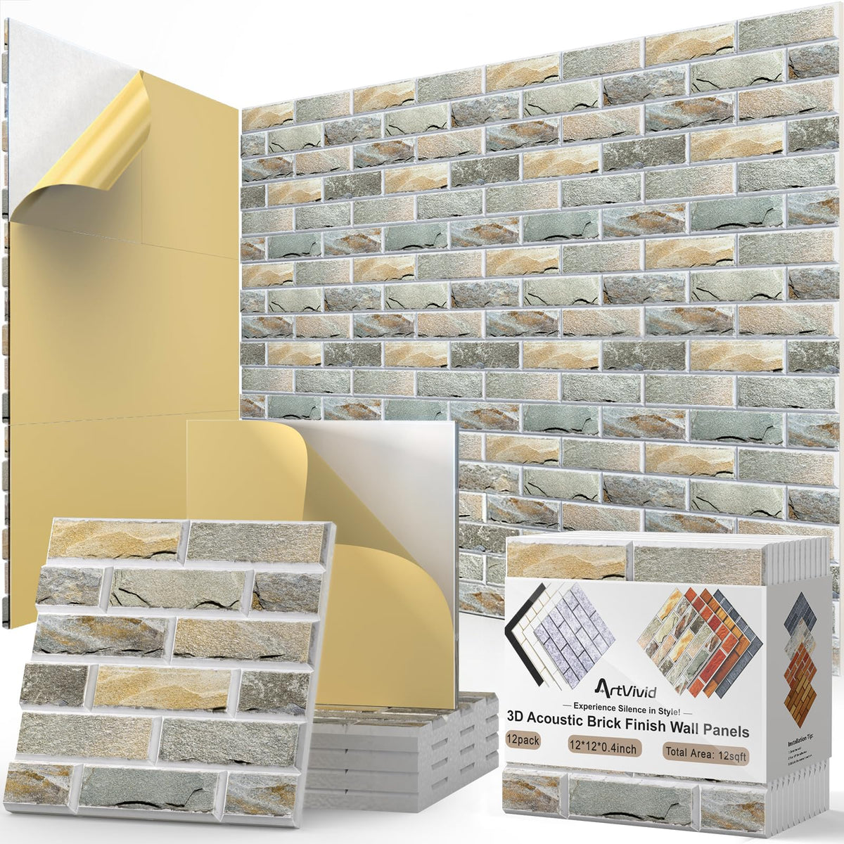 12Pack Acoustic Panels, Self-Adhesive 3D Brick Pattern Sound Proof Panels for Walls, Decorative Sound Dampening Wall Panels for Recording Studios, Offices, Home, 12"×12"×0.4", Stone
