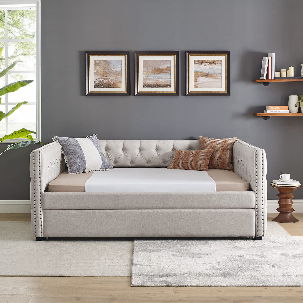 Acosure Upholstered Full Size Daybed with Trundle Twin,Solid Wooden Sofa Bed Frame W/Button Tufted & Copper Nail on Square Arms,No Spring Box Need,Bedframe for Living Room Bedroom Dorm,Beige Linen