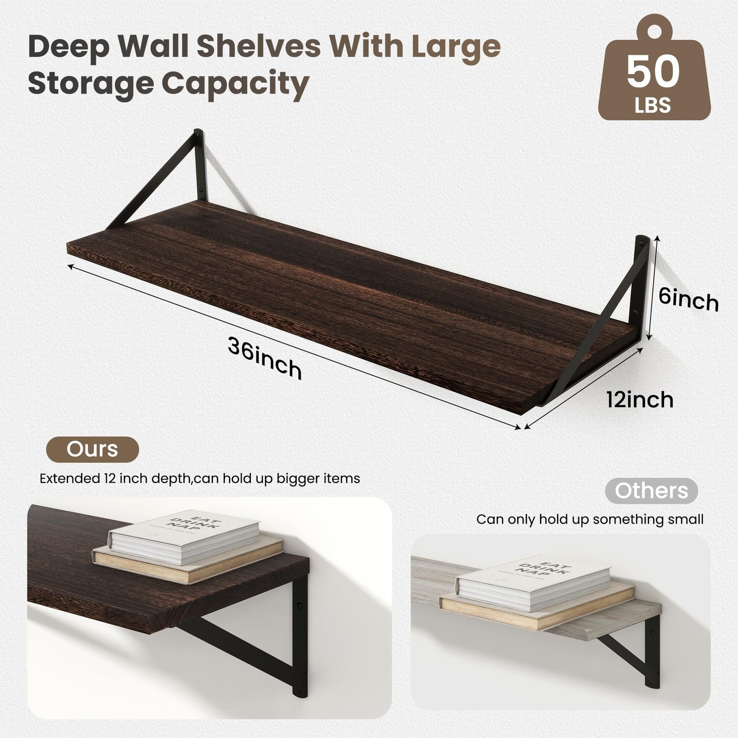 Marsmiles Deep Floating Shelves | 36 Inch Dark Wood Wall Shelves Set of 2 | 12 Inch Deep Floating Shelves for Wall | 36''W x 12''D Rustic Brown Wooden Shelves for Bathroom Living Room Bedroom Kitchen