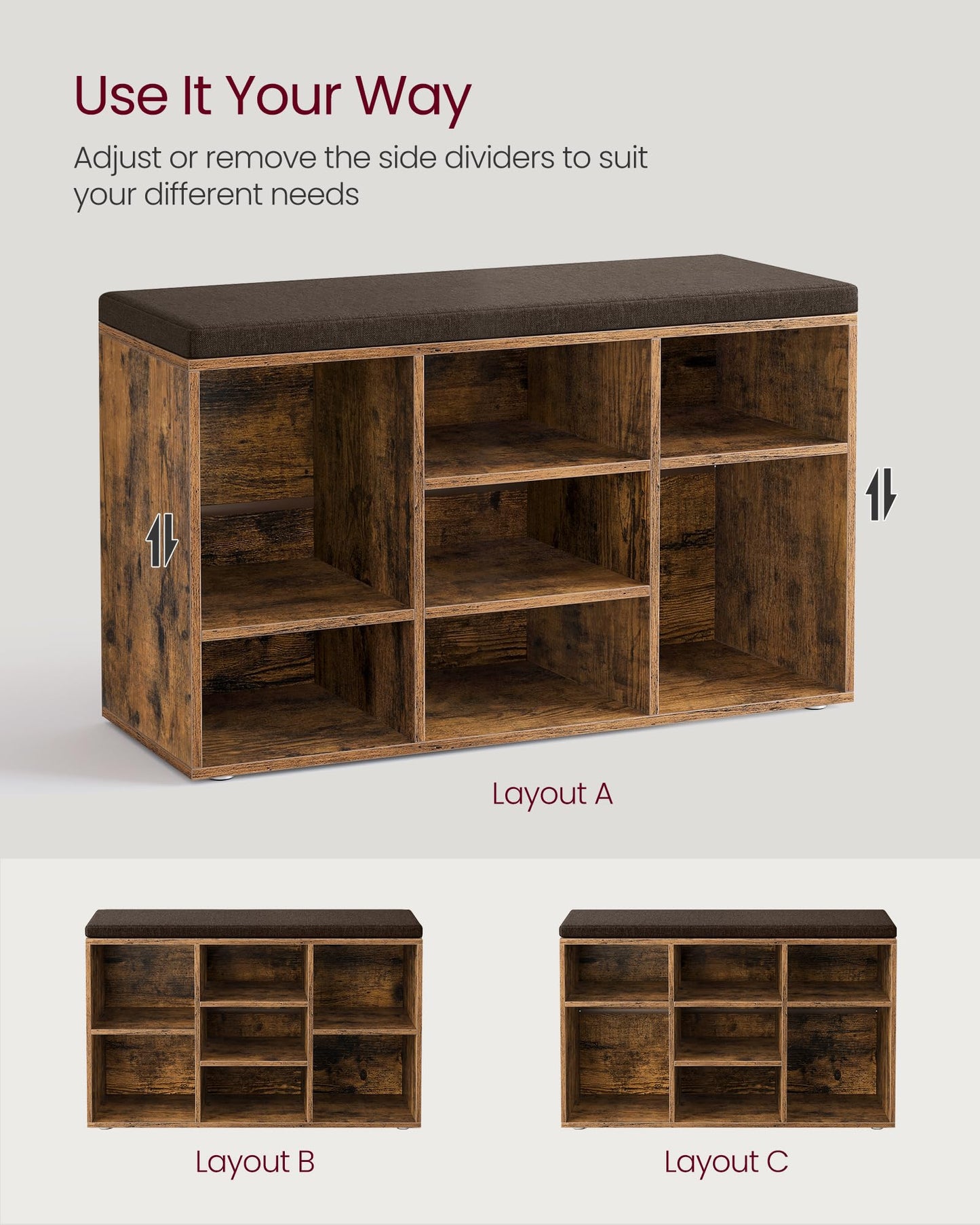 VASAGLE CUSTOS Collection - Shoe Bench, Storage Bench with Padded Seat, Entryway Bench with 9 Compartments, for Bedroom, 11.9 x 30.9 x 18.9 Inches, Rustic Brown and Chestnut Brown ULHS009B01