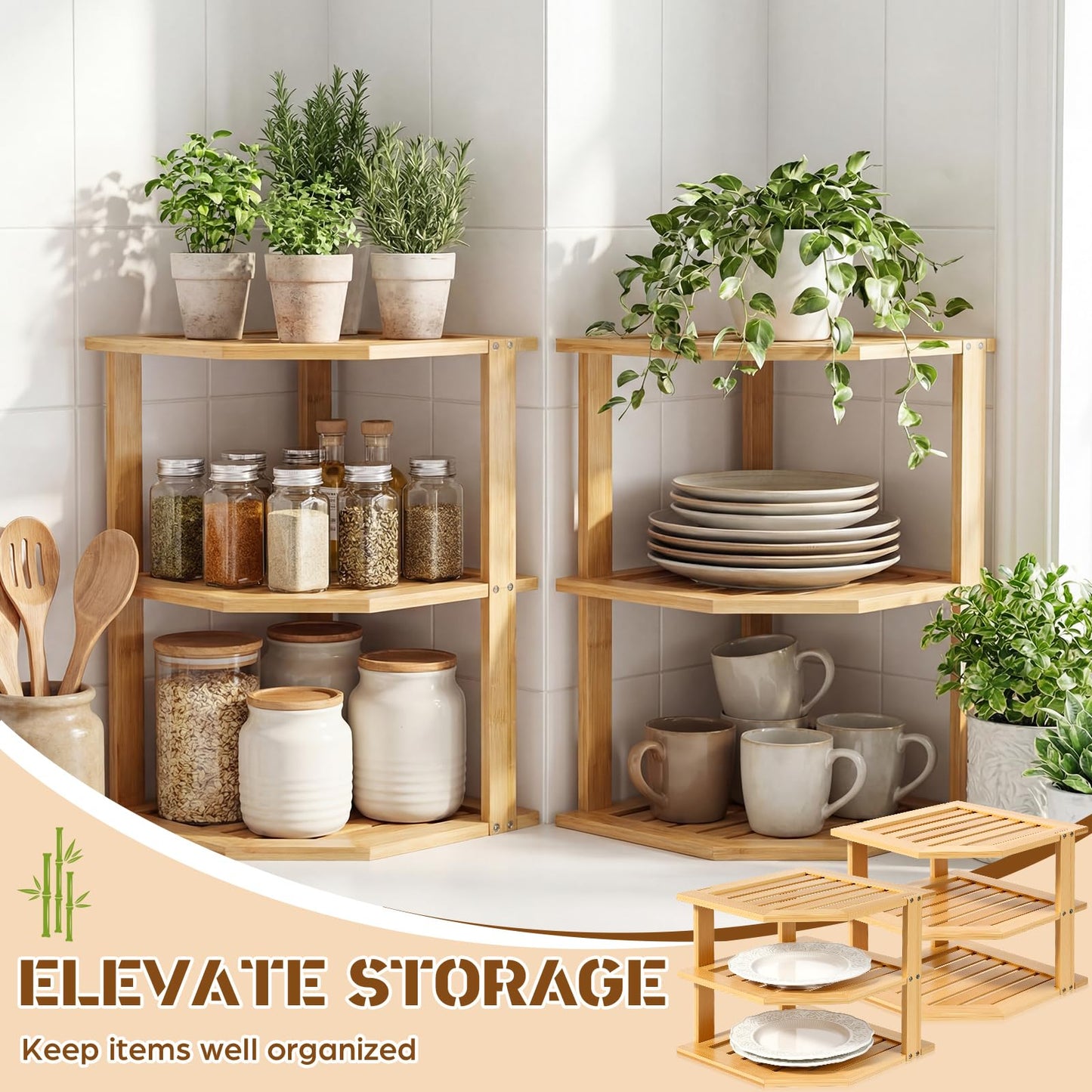 BrightRow 2 Pcs Corner Bamboo Shelf, Kitchen Cabinet Organizer Bamboo Bookshelf, Organizer Kitchen Shelves, Corner Cabinet Rack, Storage Shelves for Pantry Bathroom Dining Room Study Laundry