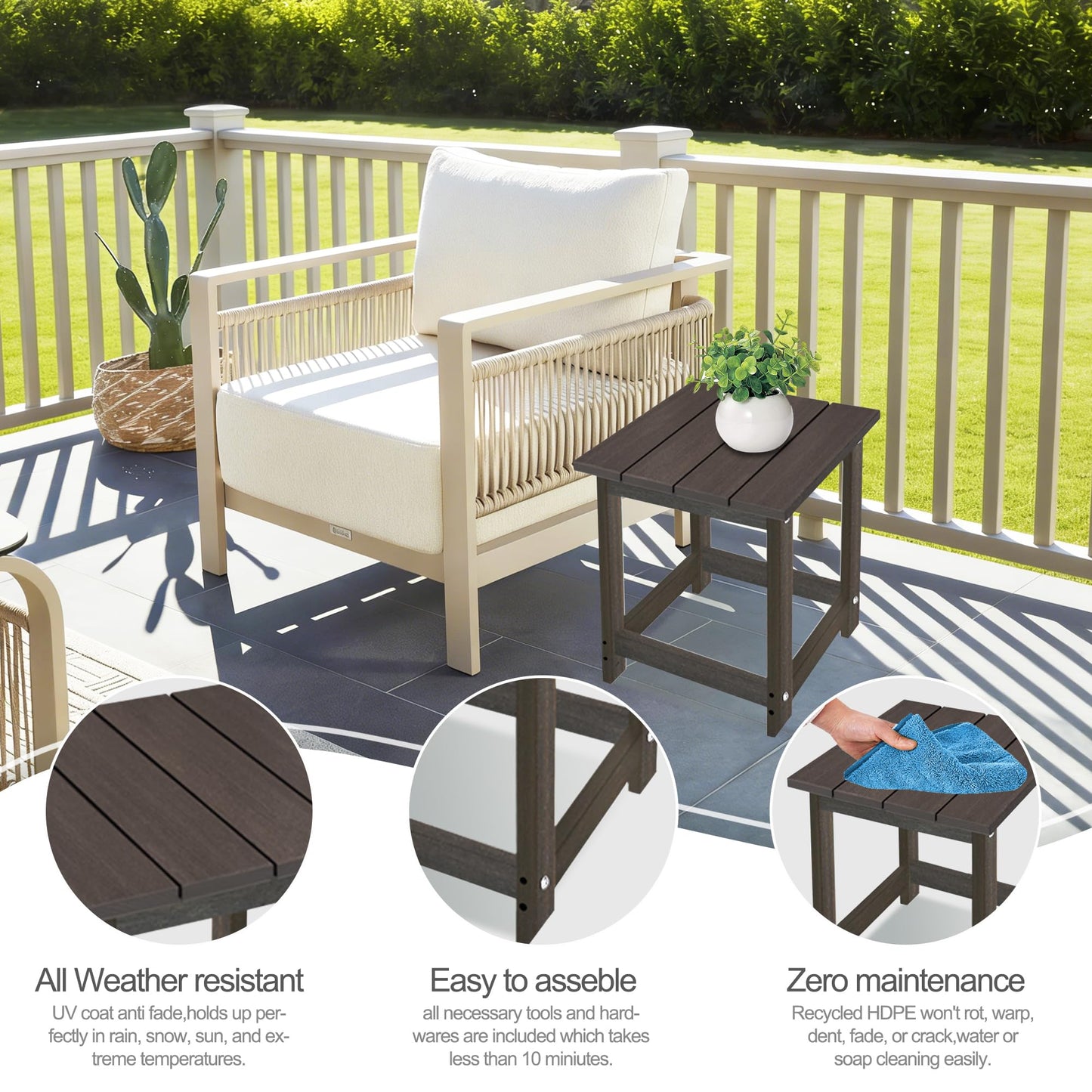 LZRS Square Patio Side Table, Heavy Duty HDPE Outdoor End Table with Wood Texture, Weatherproof Composite Table for Adirondack Chairs, Deck, Pool, Indoor/Outdoor, No Peeling or Cracking(Brown Mixture)