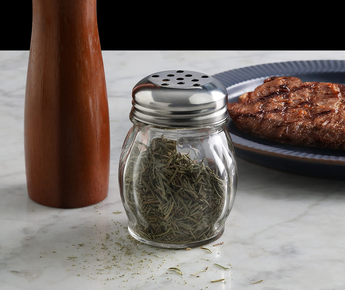 New Star Foodservice Glass Swirl Cheese & Crushed Red Pepper Shaker with Stainless Steel Perforated Top, 6-Ounce, Set of 12