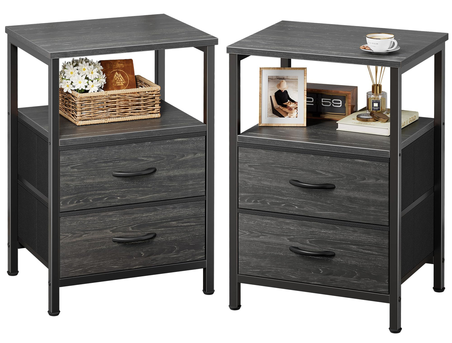 Huuger Night Stand Set of 2, Nightstand with 2 Drawers, Bed Side Table with Open Shelf, Wooden Top, End Table, Fabric Drawer with Charcoal Black Wood Grain Print, for Bedroom