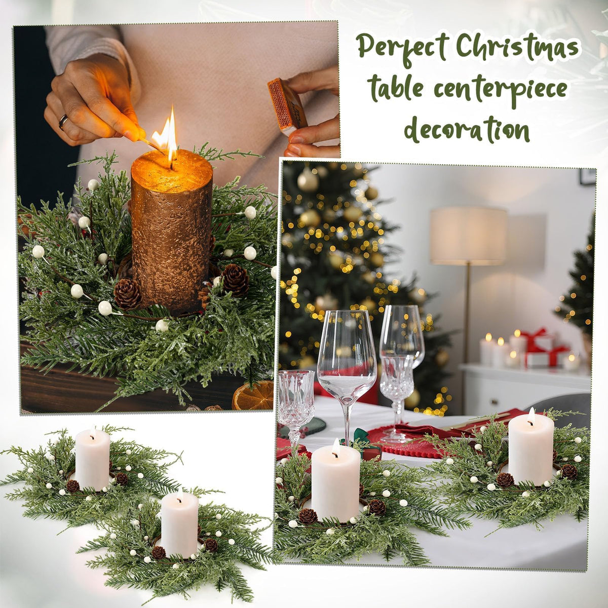 6 PCS Christmas Wreath Christmas Kitchen Cabinet Wreaths with Burlap Ribbon Mini Wreath Pine Garland Frosted Cedar Pine Cone Hanging Garlands Candle Rings for Front Door Window Chair Wall
